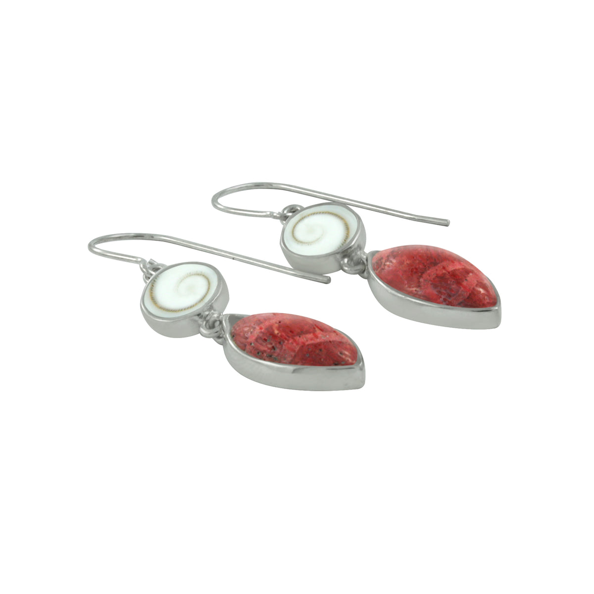 Silver Earring With Shelll Spiral &amp; Shell Sponge Coral