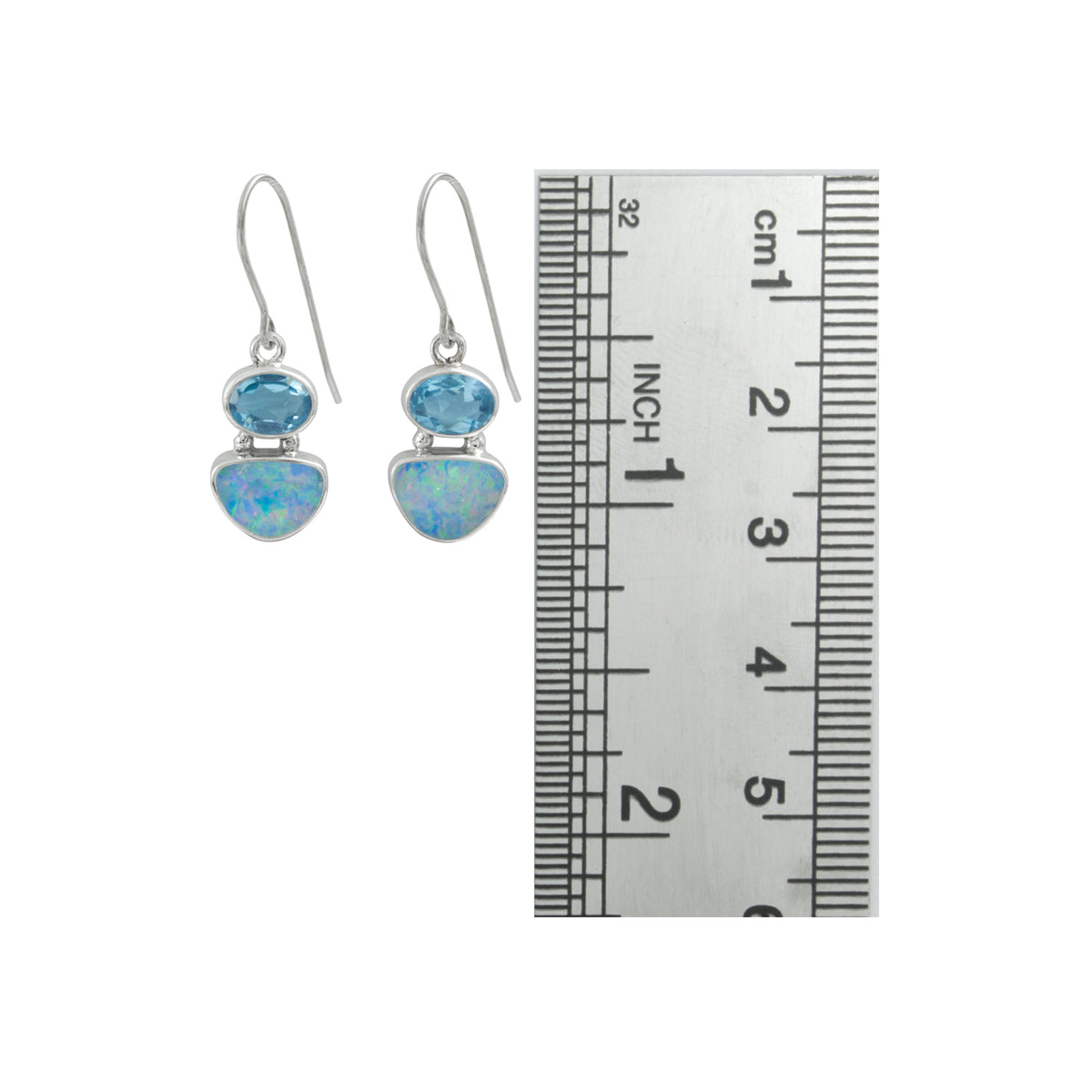 Silver Earring With Blue Topaz Oval Facet, Opal Free Form