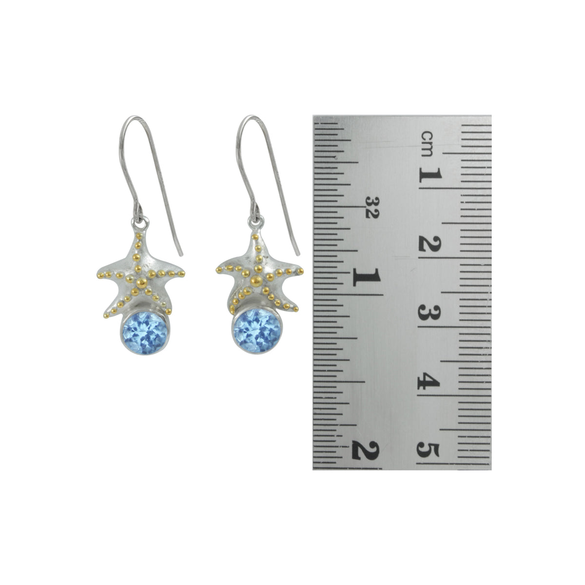 Silver Earring With Star Component &amp; Blue Topaz Round Facet