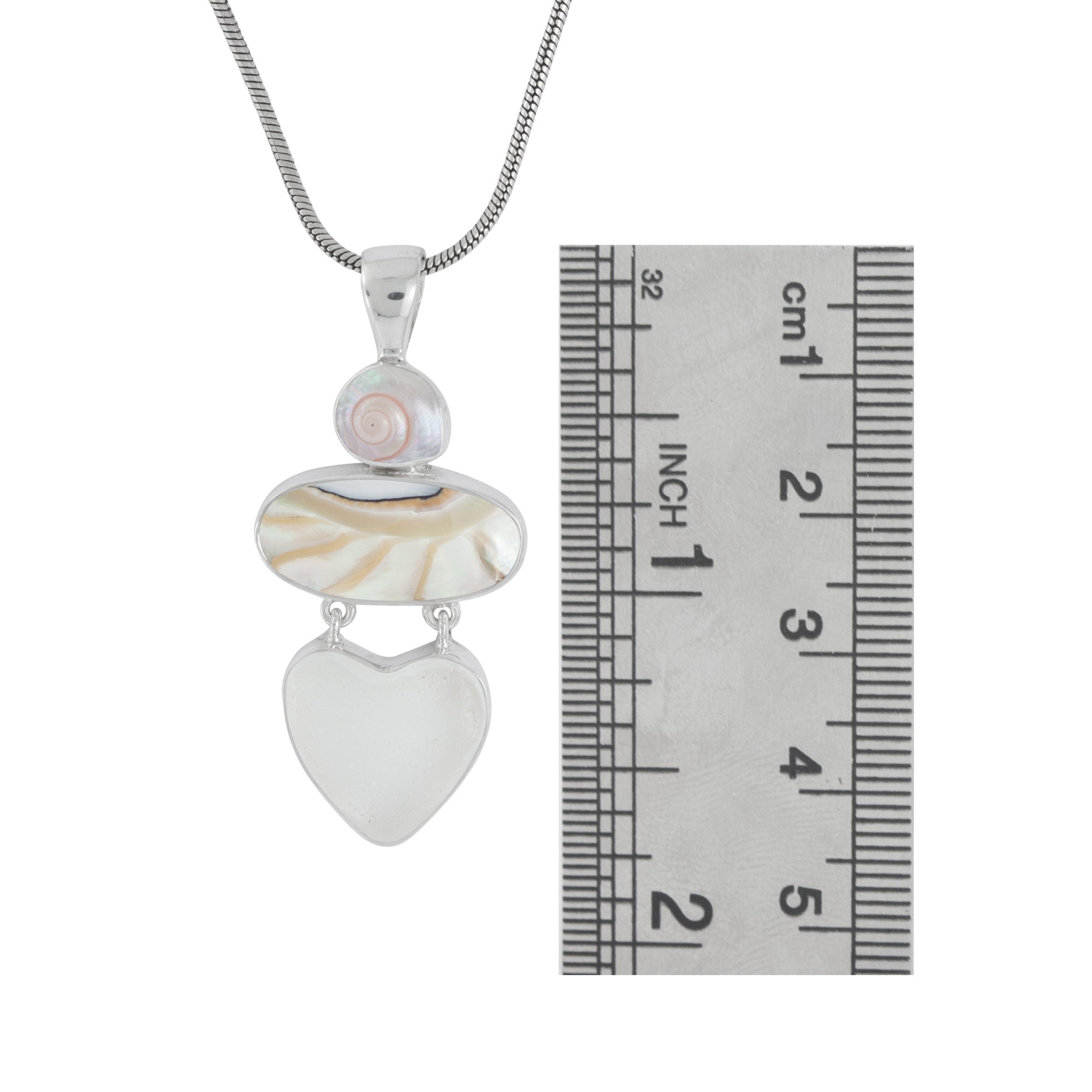 Sterling Silver Pendant With Shell Malabar Turbos & Nautilas, Sea Glass White