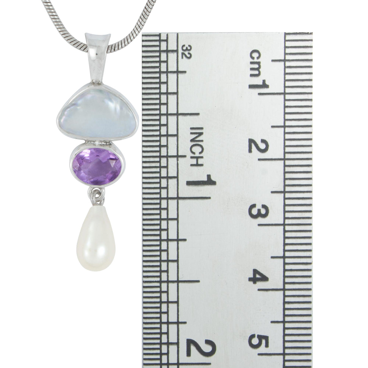Silver Pendant With Pearl Keishi, Amethyst Oval &amp; Fresh Pearl Drop