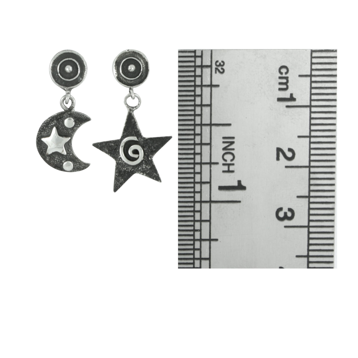 Silver Earring With Small Spiral Star &amp; Moon