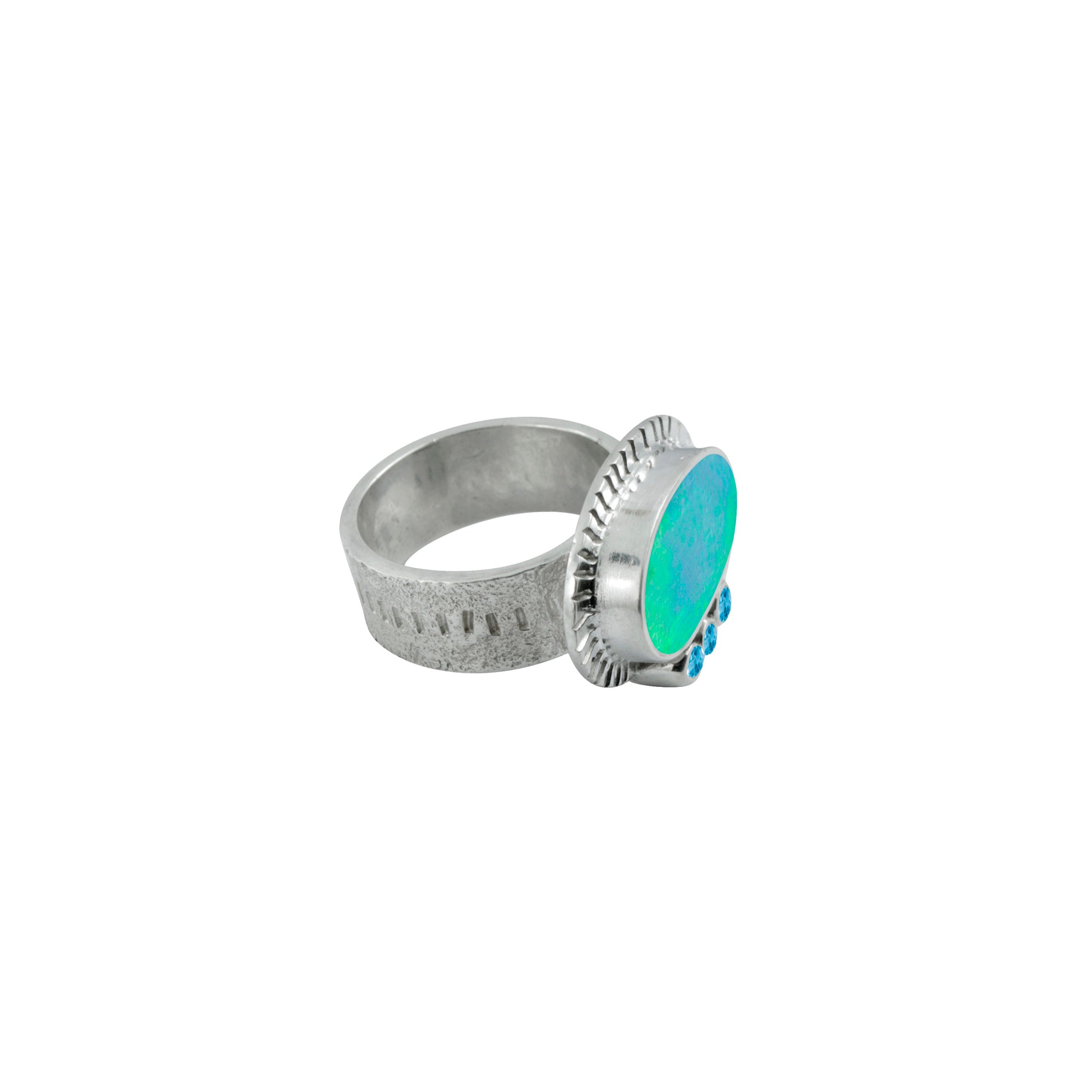 Silver Ring Texture Component With Opal Free Form & Blue Topaz Round