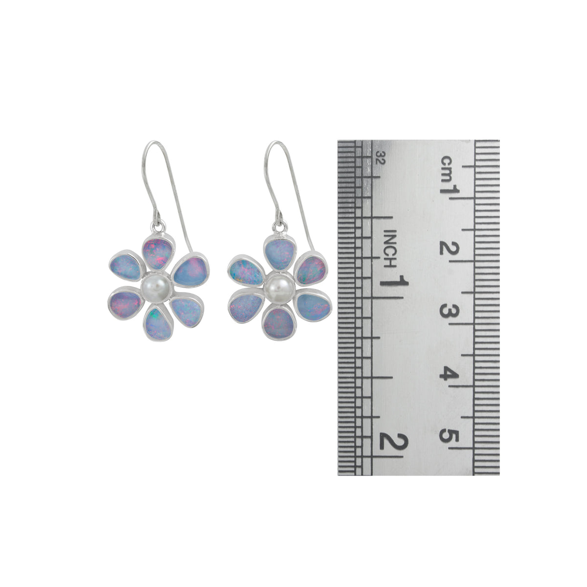 Silver Earring With Pearl &amp; Opal Flower Drop