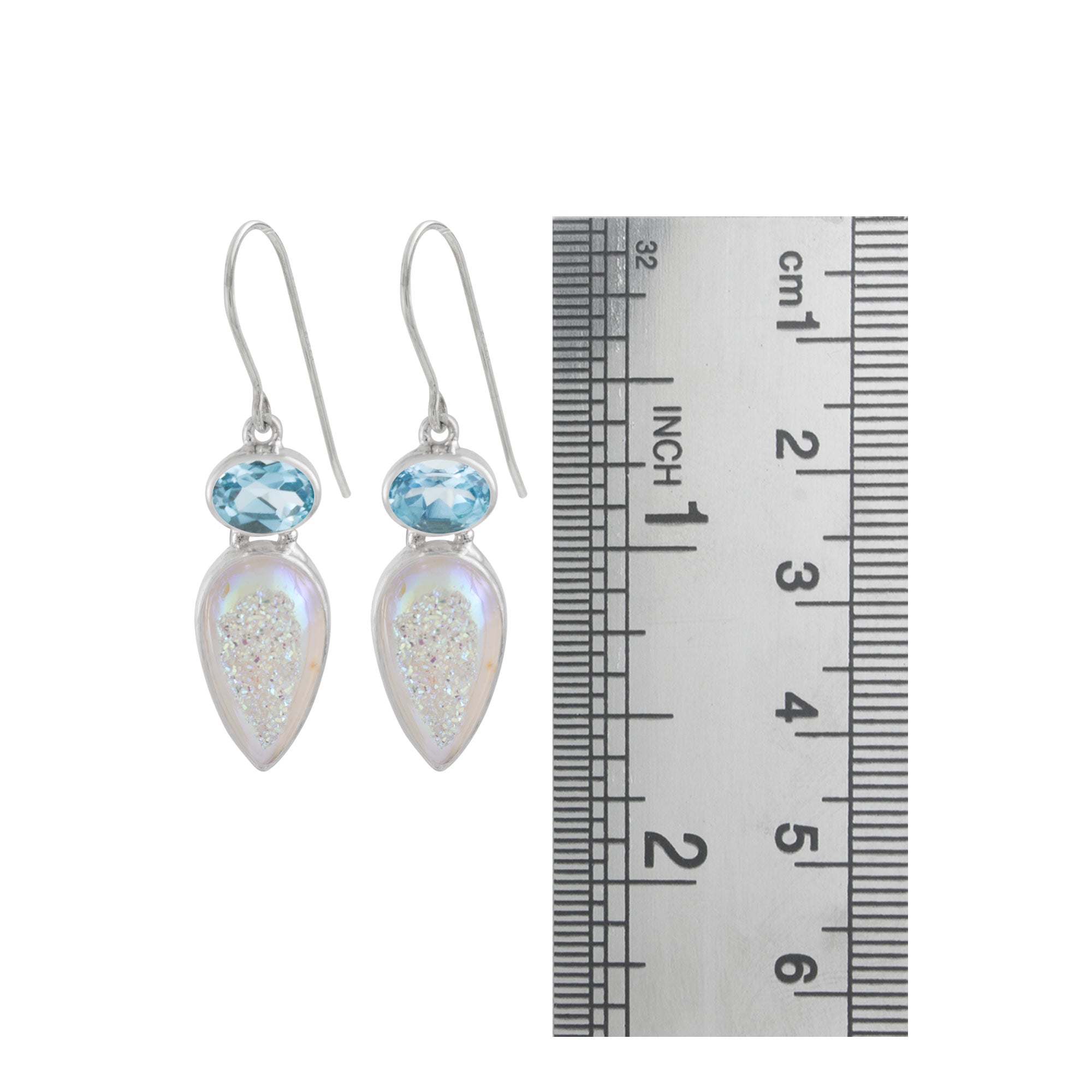 Sterling Silver Earring With Blue Topaz Oval And Druzy Opal Drop