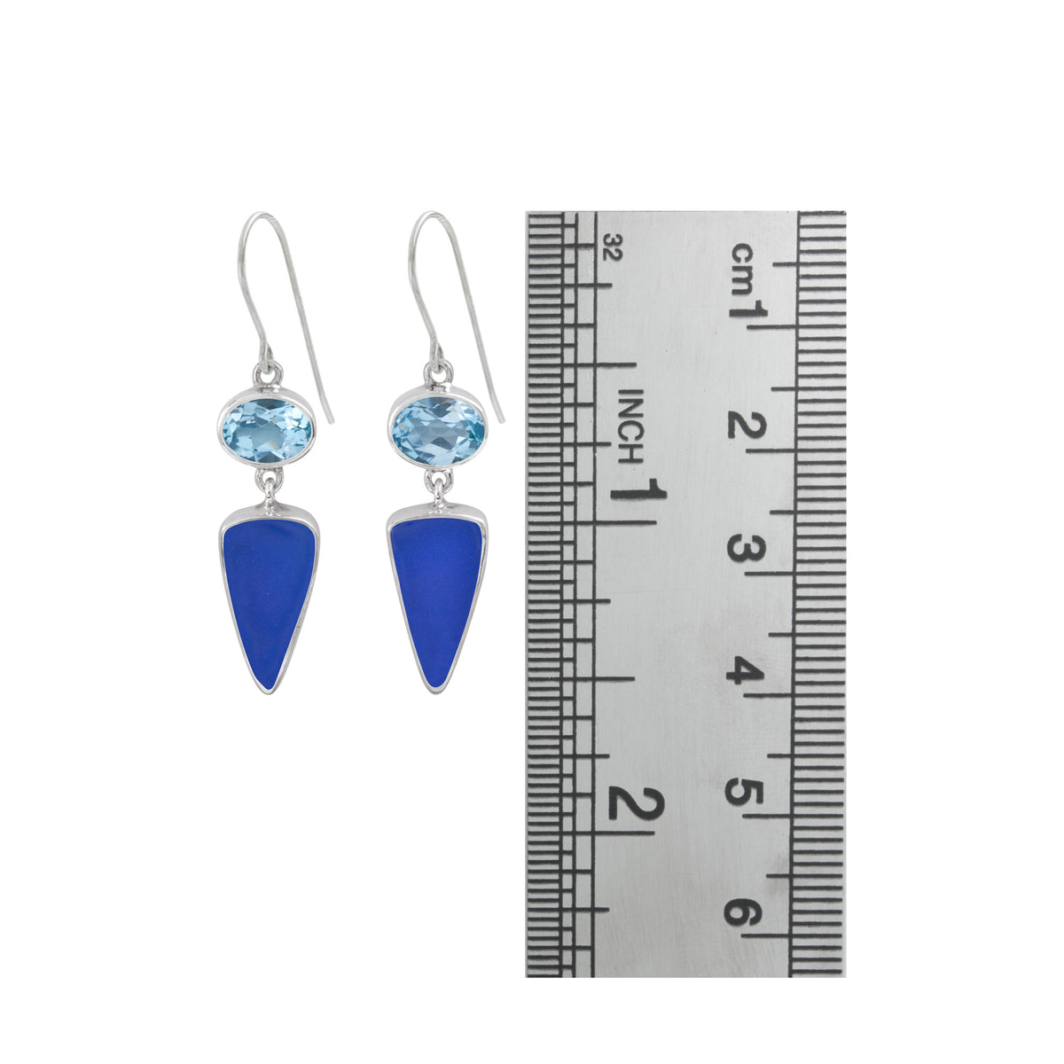 Sterling Silver Earrring With Blue Topaz Oval Facet &amp; Sea Glass Drop