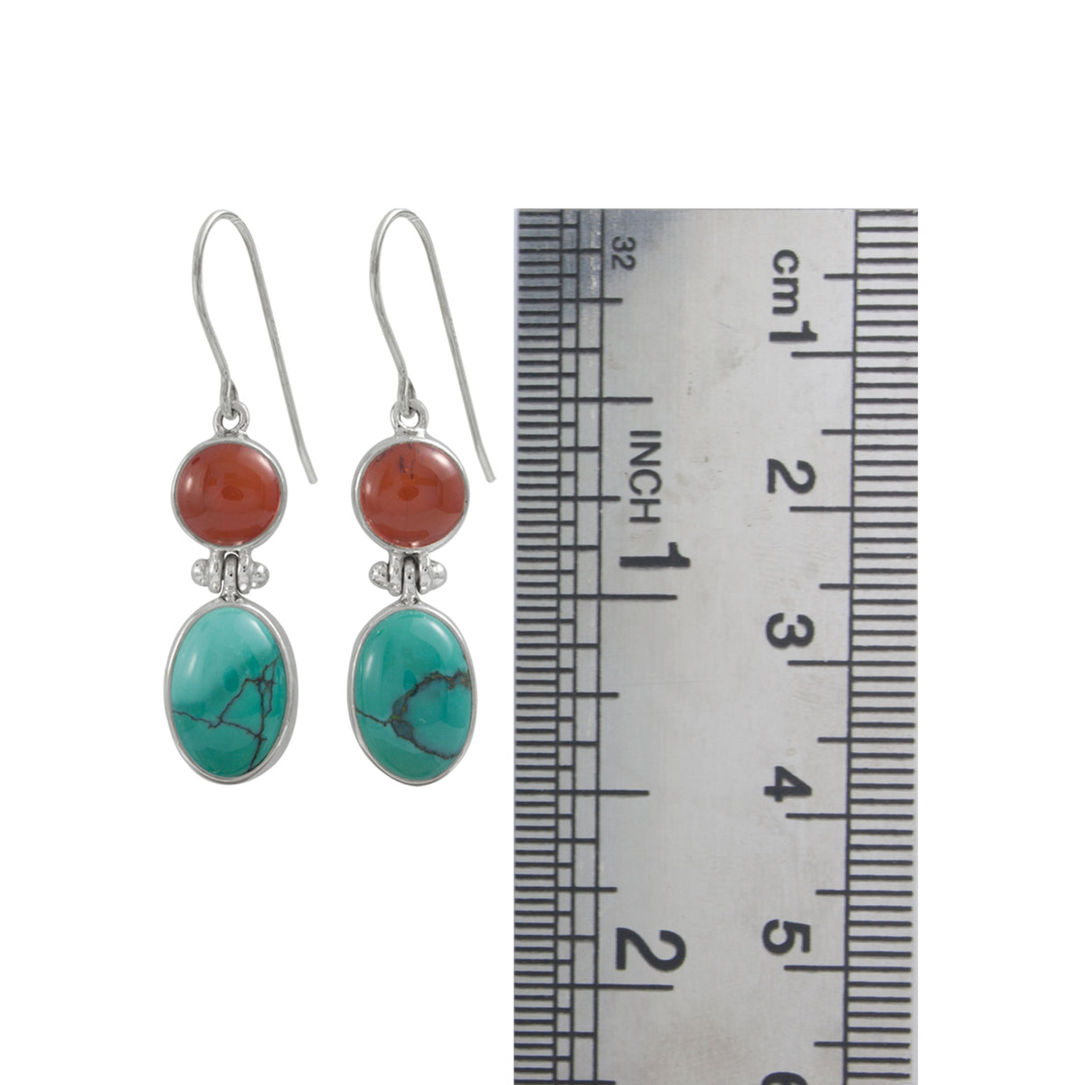Silver Earring With Round Amber &amp; Oval Turquoise Stone