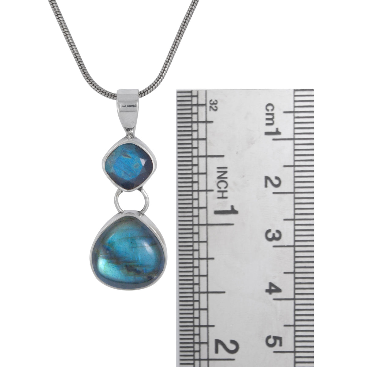 Silver Pendant With Laboradite Square &amp; Heart Drop