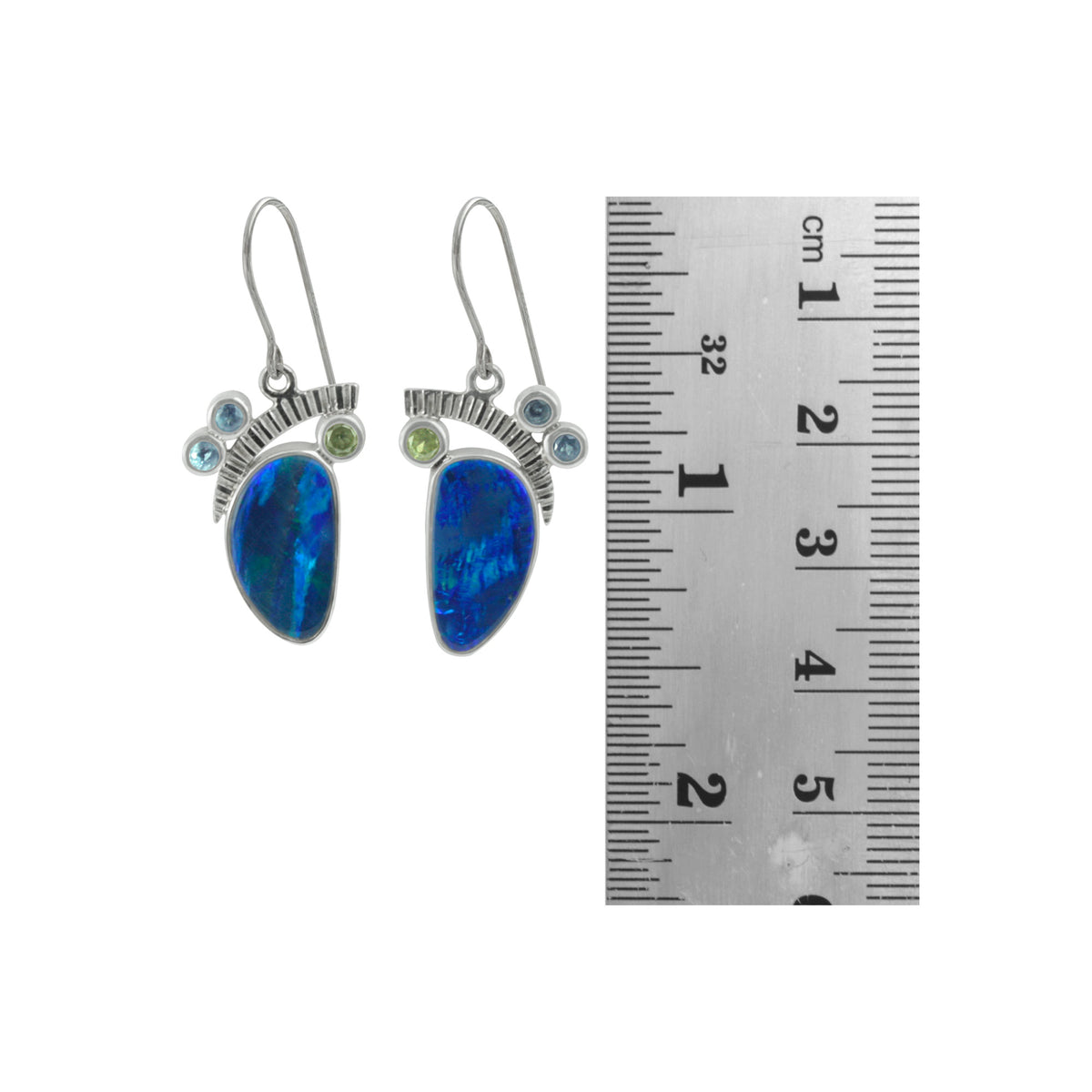 Stunning Opal Doublet Earrings accented with Peridot &amp; Blue Topaz