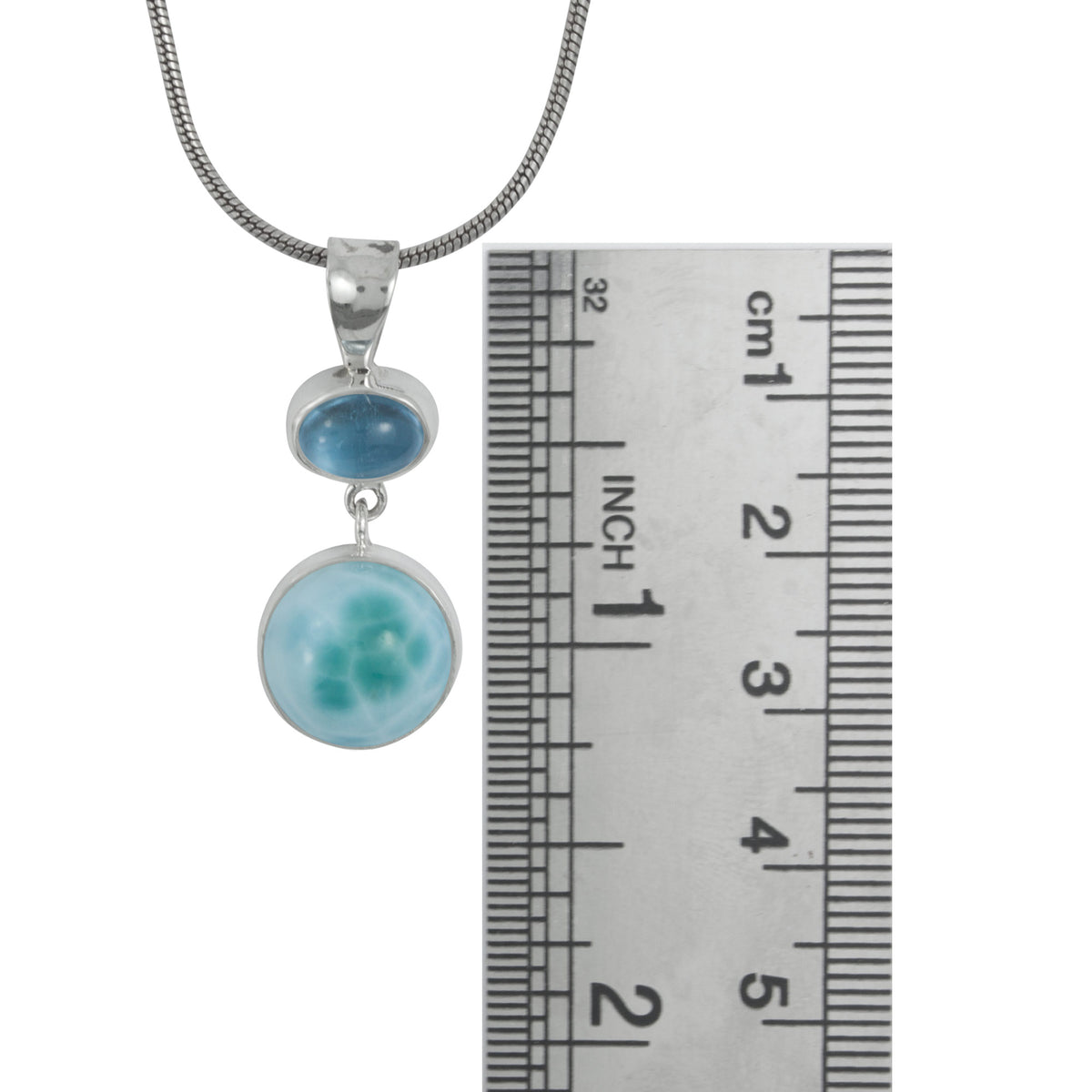 Silver Pendant With Blue Topaz Oval Cab &amp; Larimar Drop