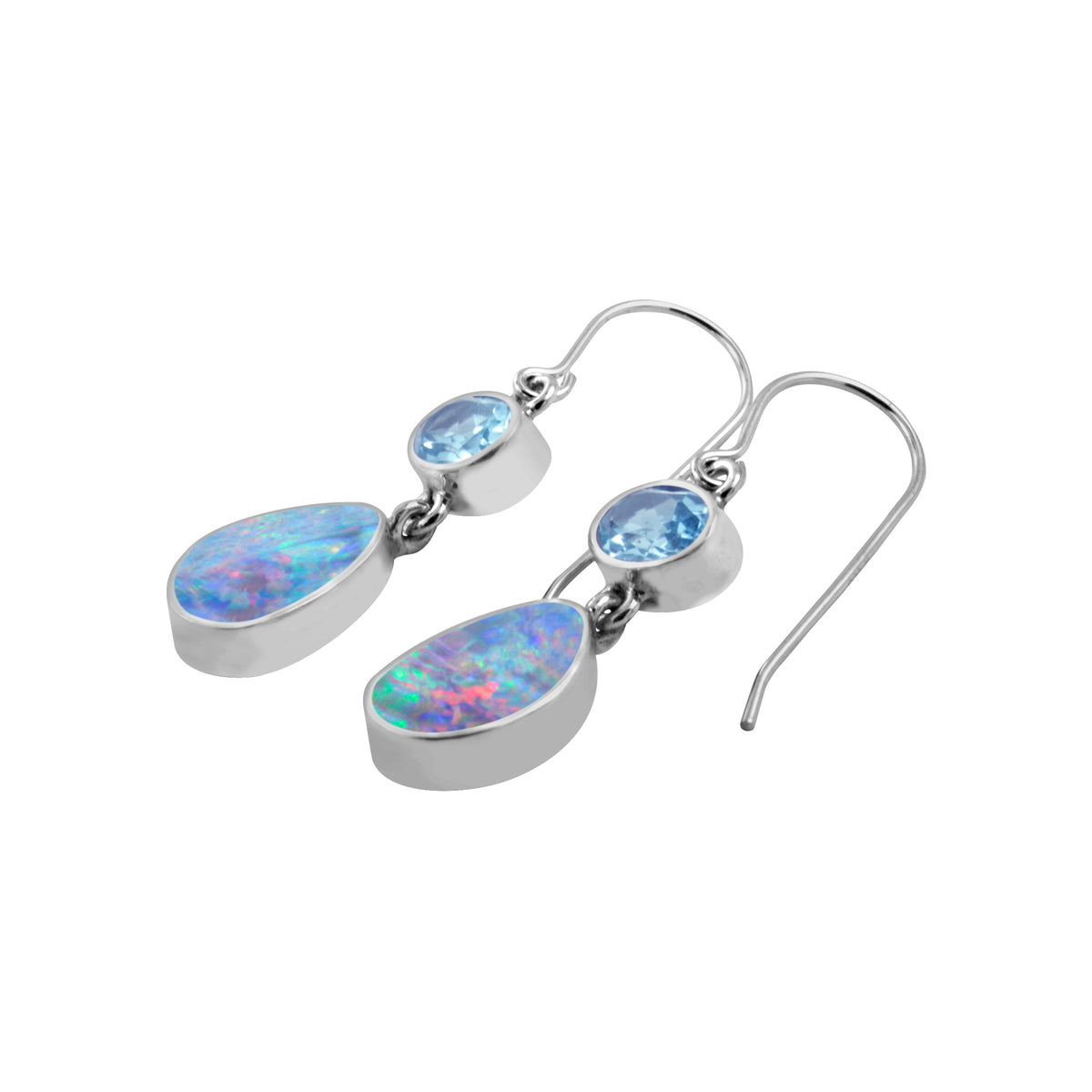 Silver Earring With Blue Topaz Oval &amp; Opal Free Form