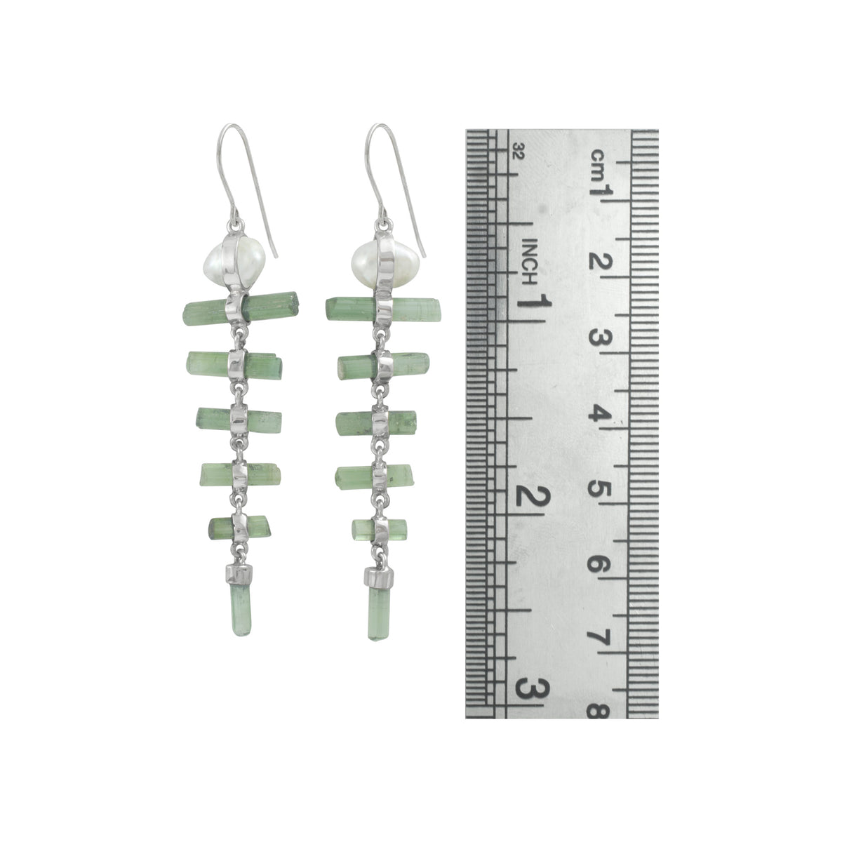 Sterling Silver Earring With Pearl And Green Tourmaline Point