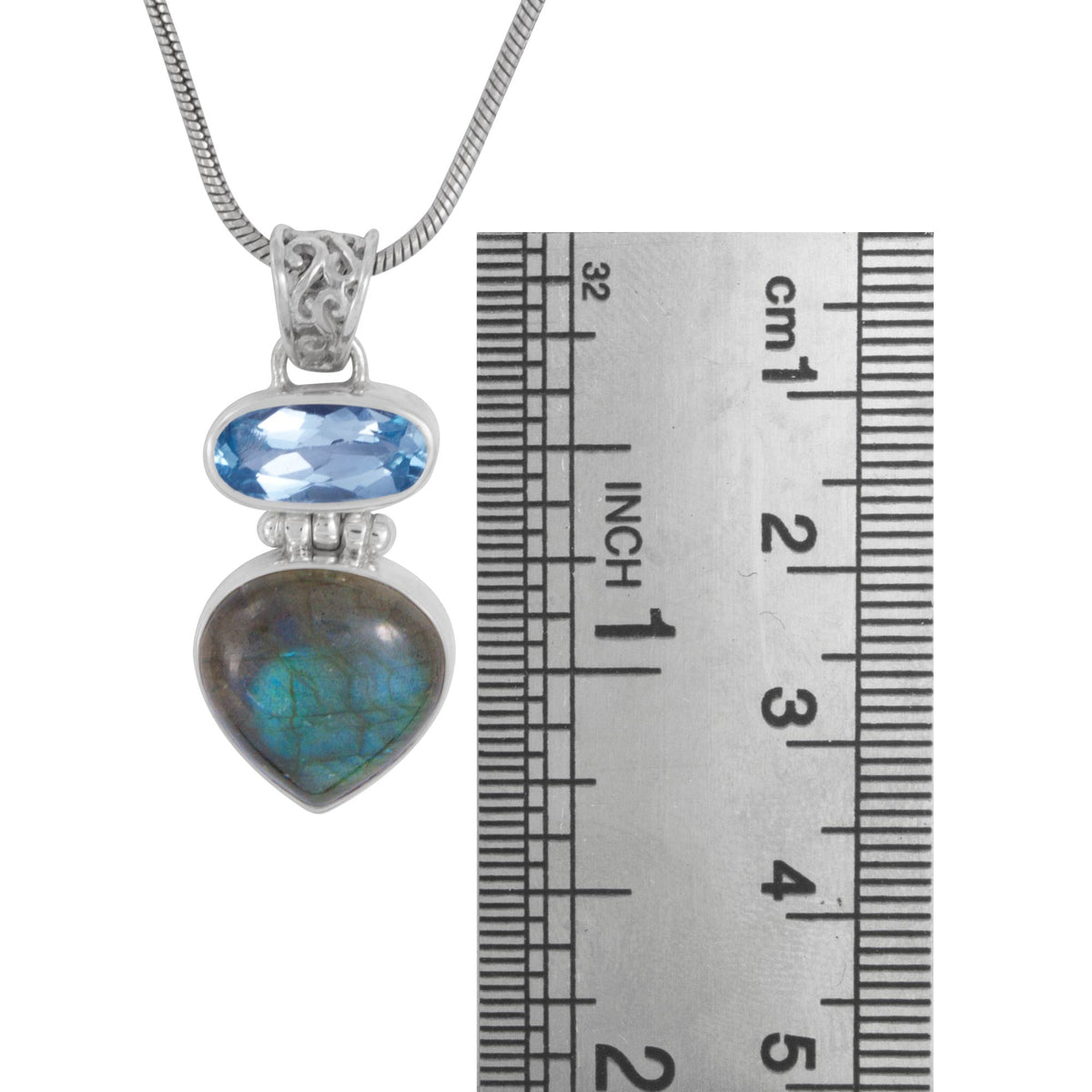 Silver Pendant With Blue Topaz Oval &amp; Laboradite Heart