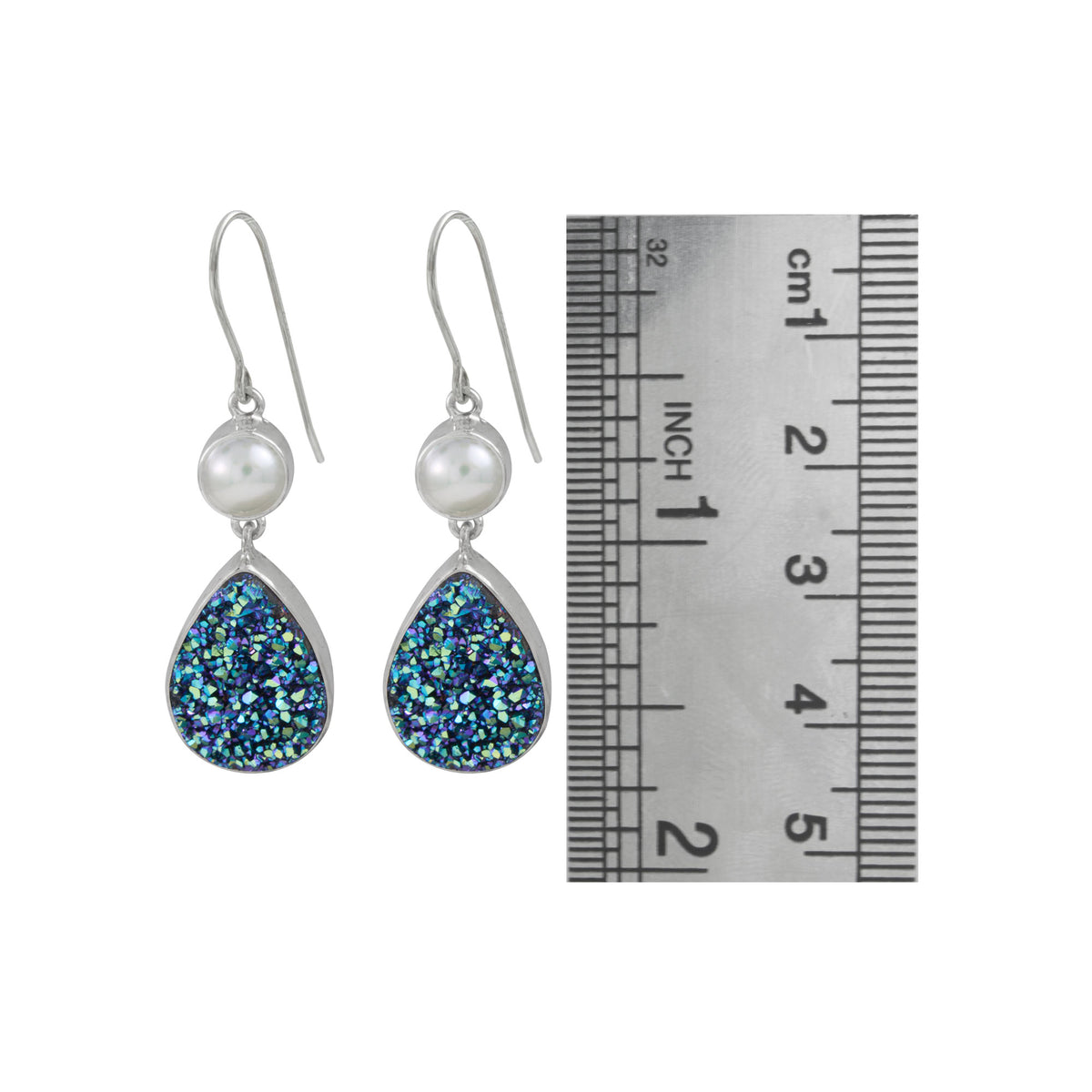 Silver Earring With Pearl Round &amp; Green Druzy Tear Drop