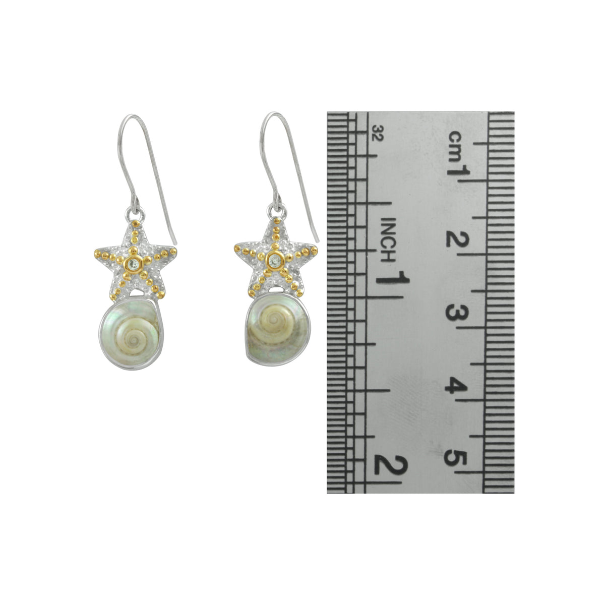 Silver Earring Star Component With Shell Malabar Turbo And White Cubic Zirchonia Round Facet
