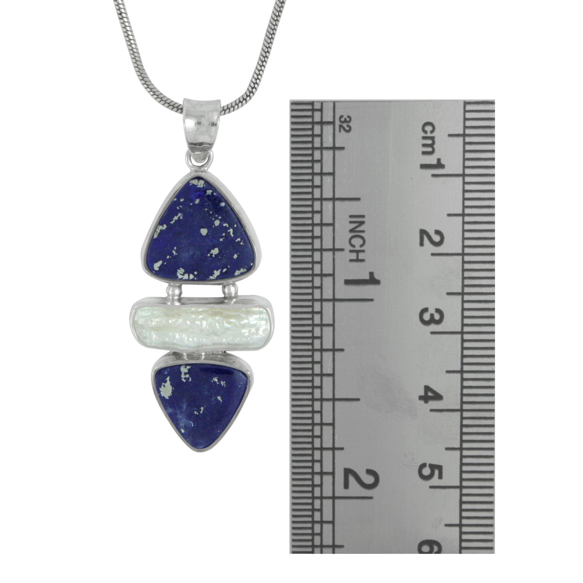 Silver Pendant With 2 Lapis Tri Angle And Pearl Biwa