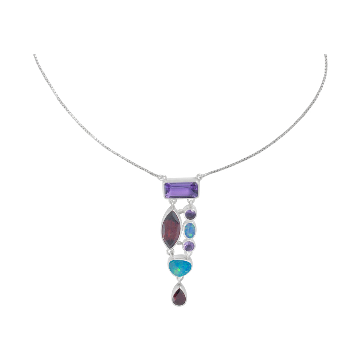 Sterling Silver Necklace With Opal Free Form, Ametyst Facet &amp; Garnet Facet Drop