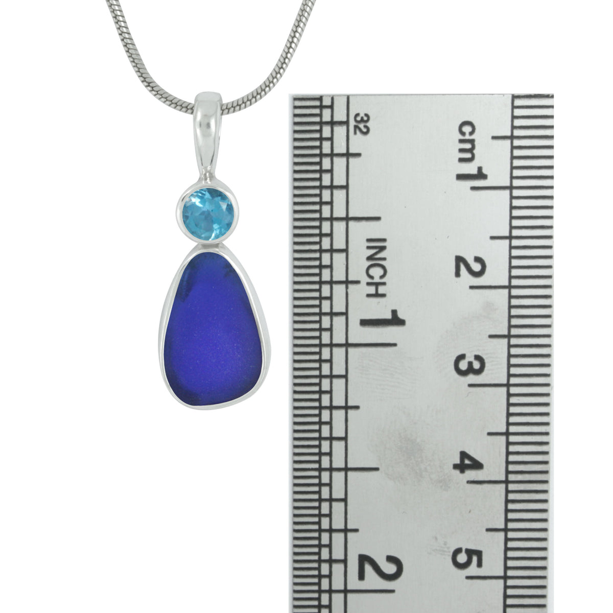 Silver Pendant With Blue Topaz Round &amp; Sea Glass Blue