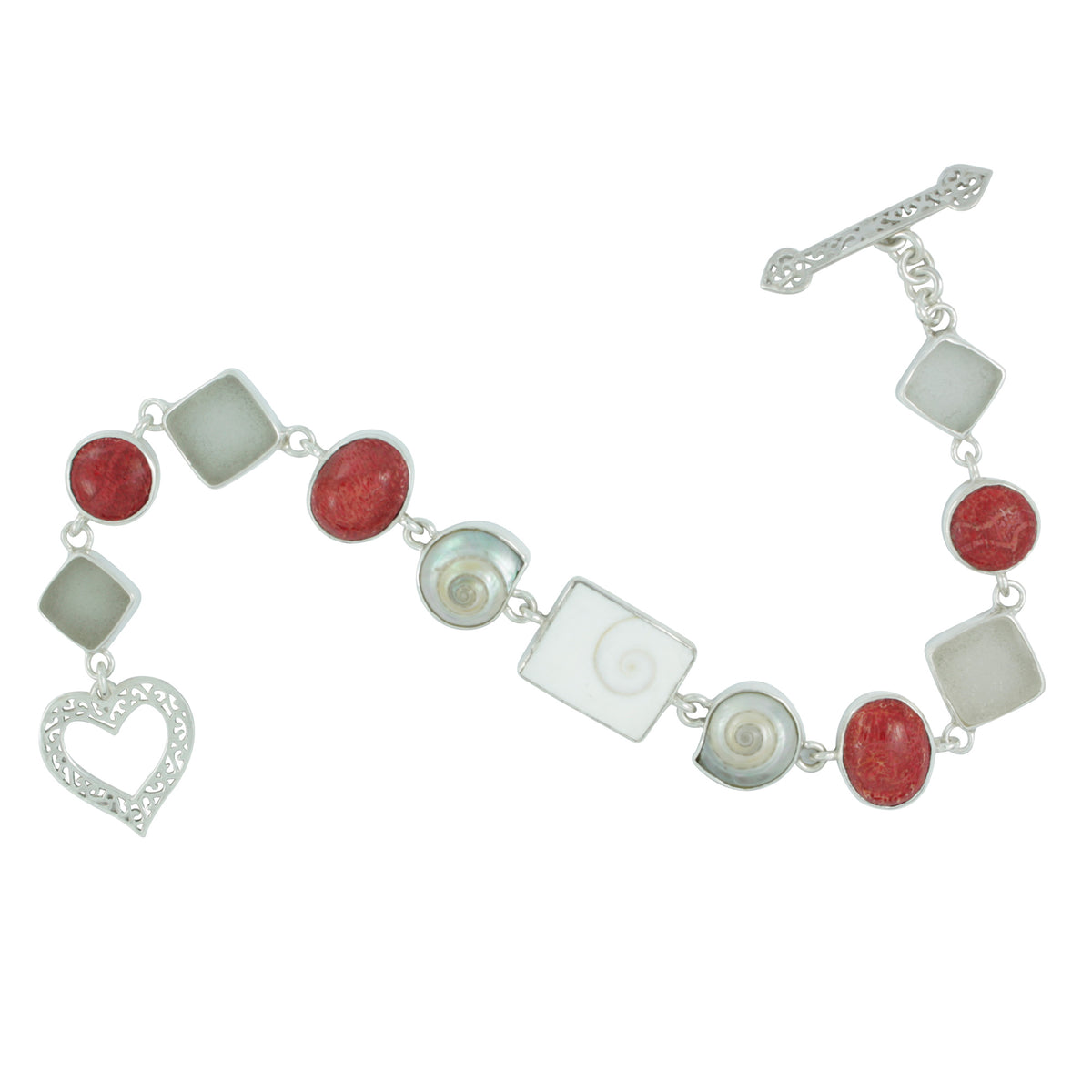 Silver Bracelet With Sea Shell , Sponge Coral And Eye Of Shiva Shell