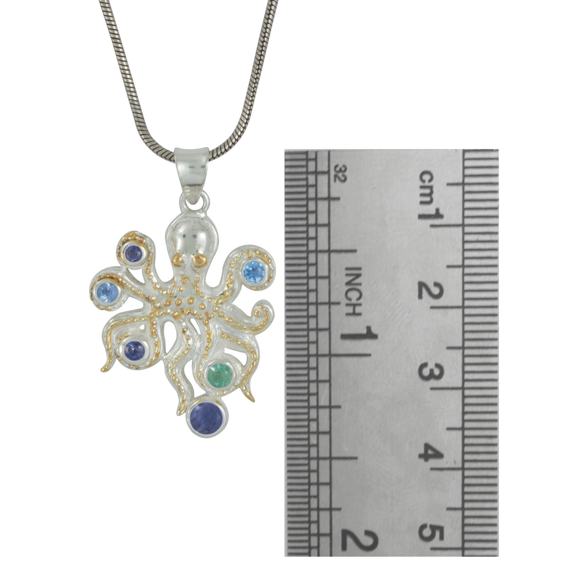 Silver Octopus Pendant with Multi Colored Gem Stones