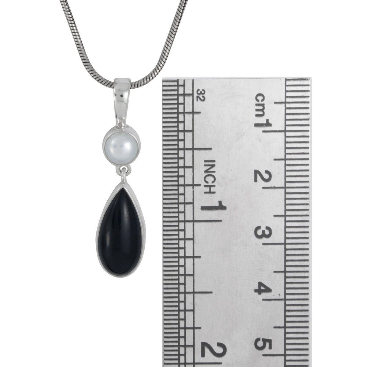 Silver Pendant With Pearl &amp; Onyx Pear Drop