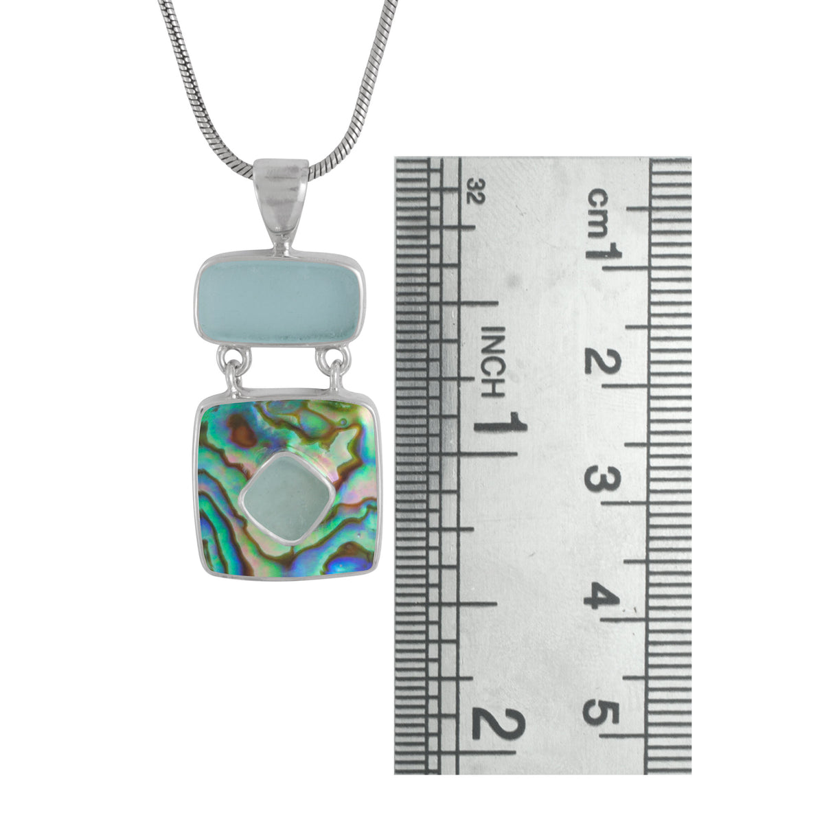 Sterling Silver Pendant With Paua Square And Sea Glass Aqua