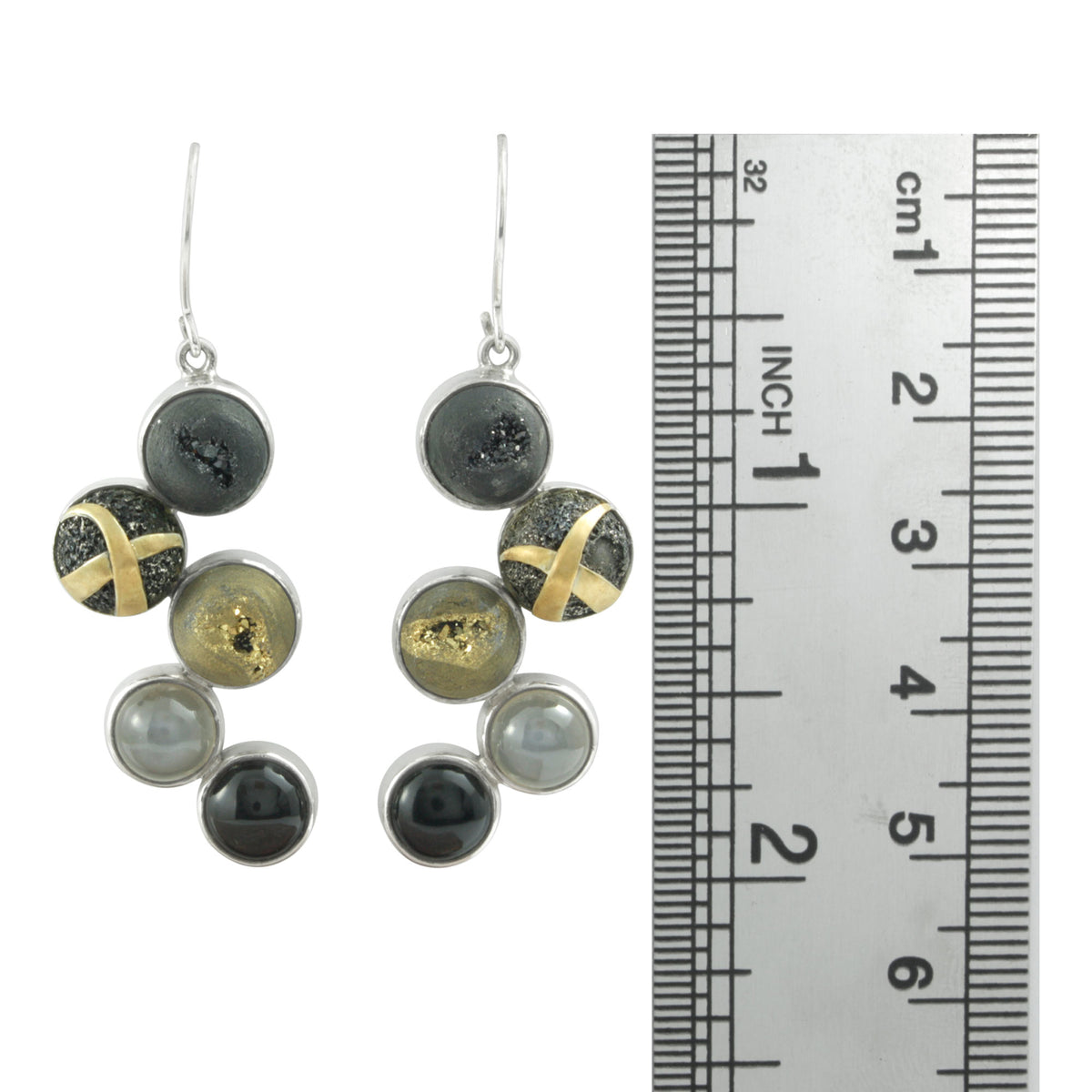 Geometric Earring with Druze Onyx &amp; Grey Moonstone
