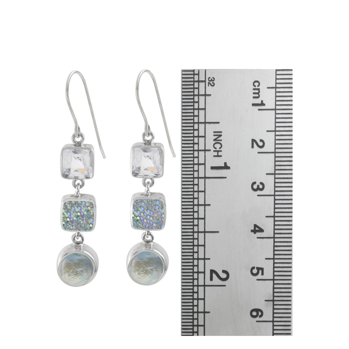 Sterling Silver Earring With White Quartz, Druzy Opal Square, Pearl Coin Drop