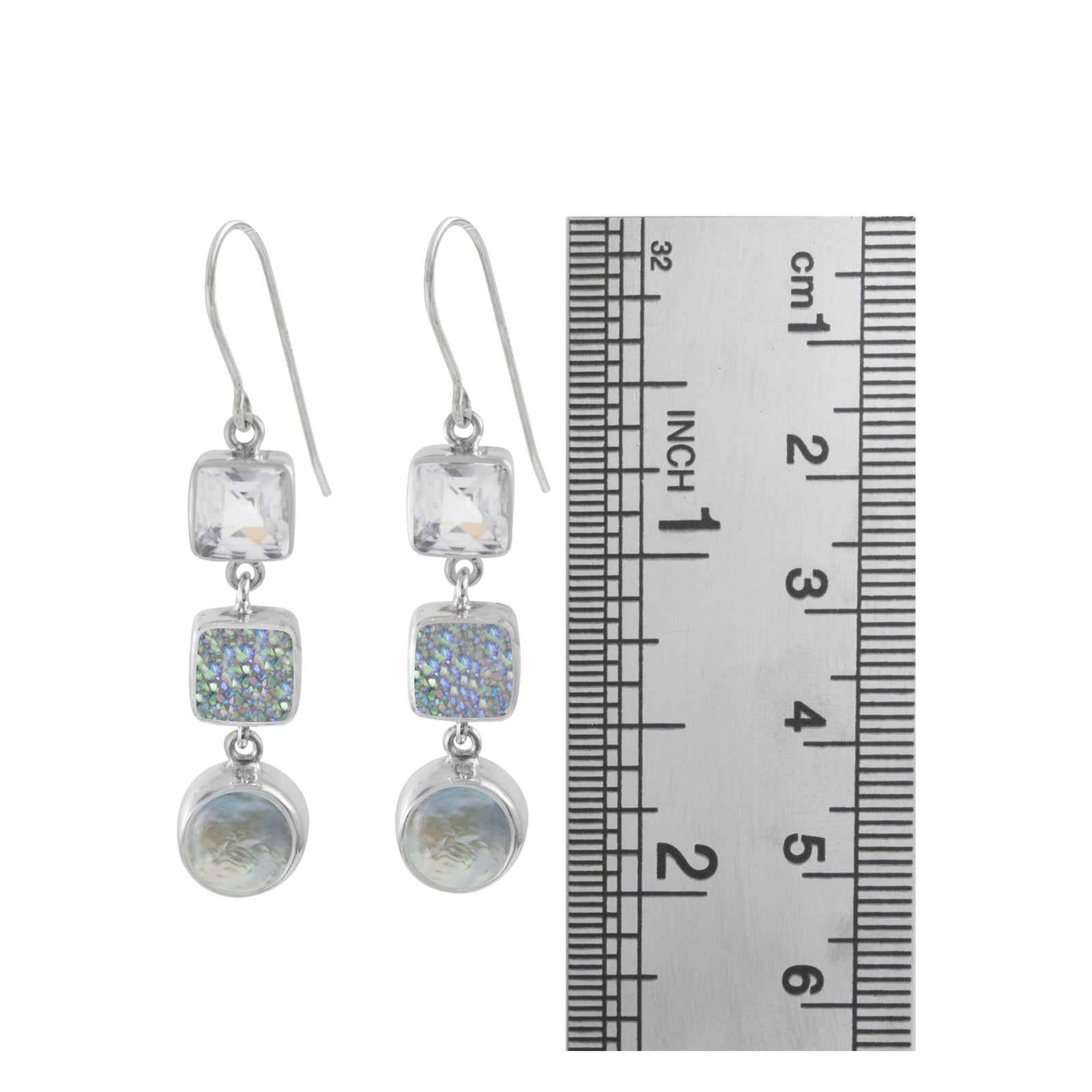 Sterling Silver Earring With White Quartz, Druzy Opal Square, Pearl Coin Drop