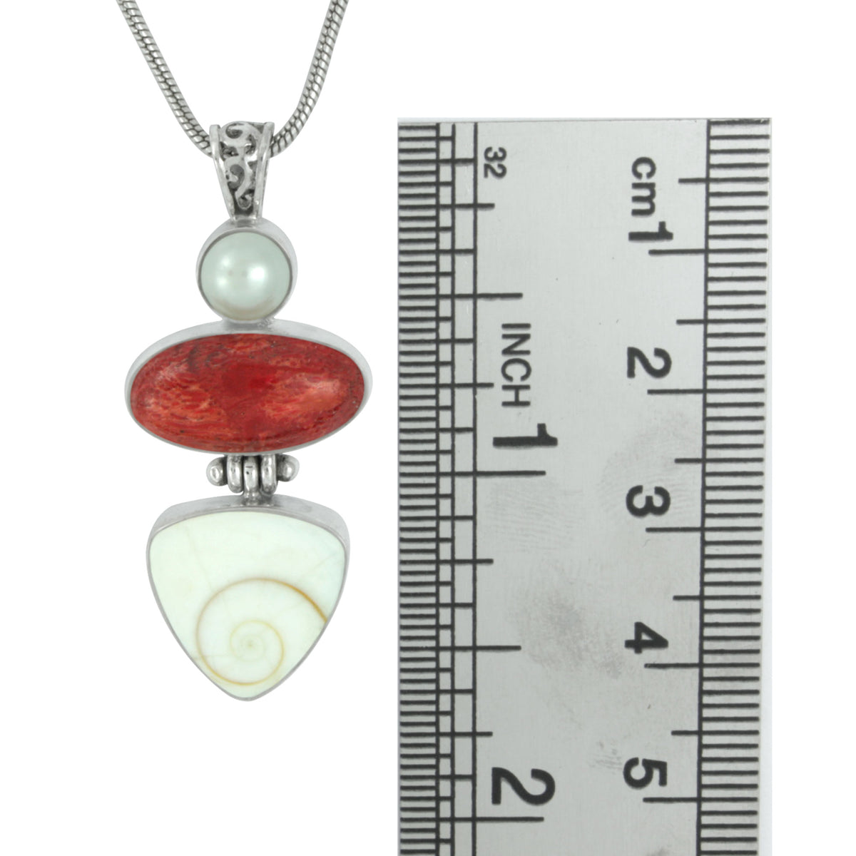 Silver Pendant With Pearl, Coral Oval &amp; Shell Piral Triangle