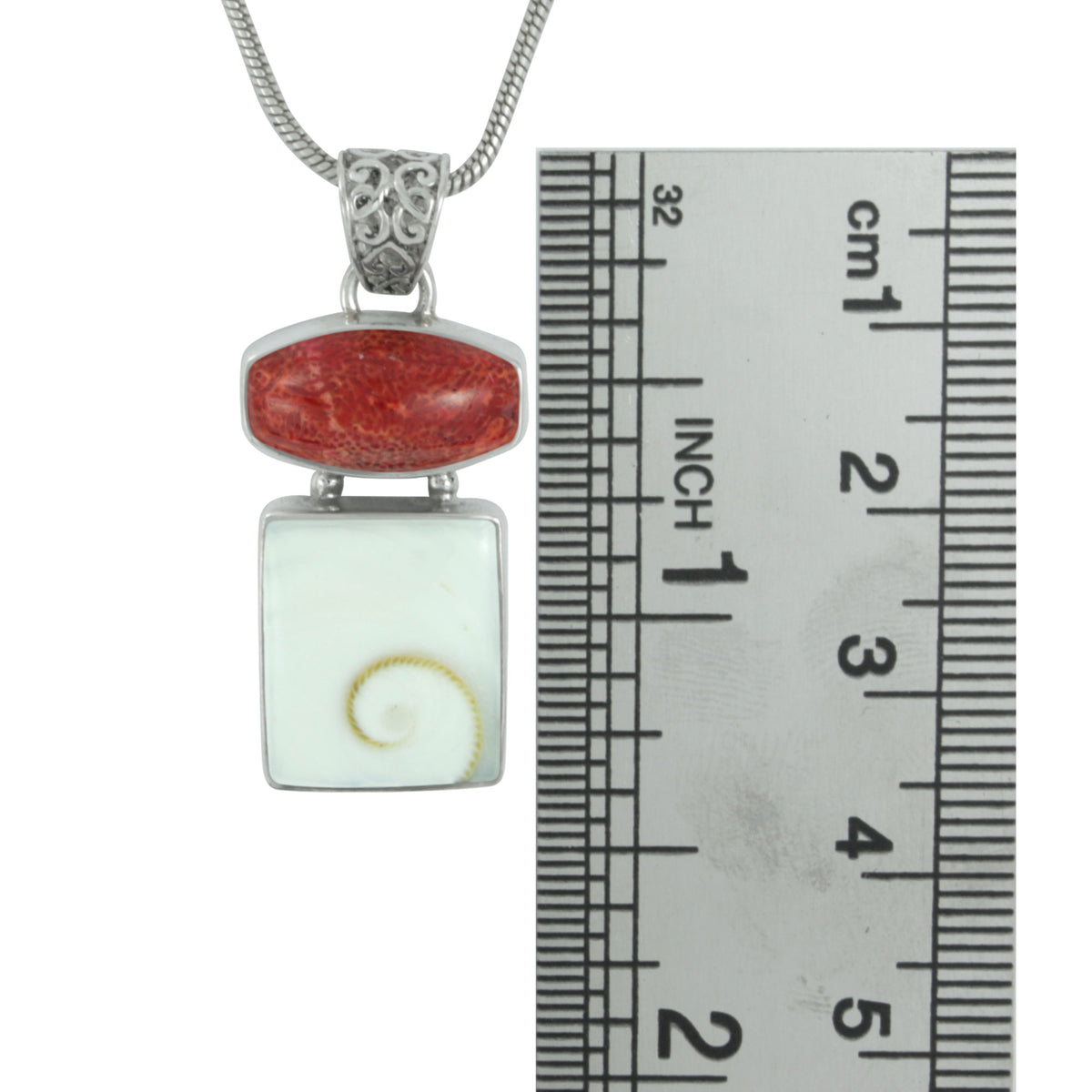 Silver Pendant  With Sponge Coral Rectangle &amp; Spiral Shell