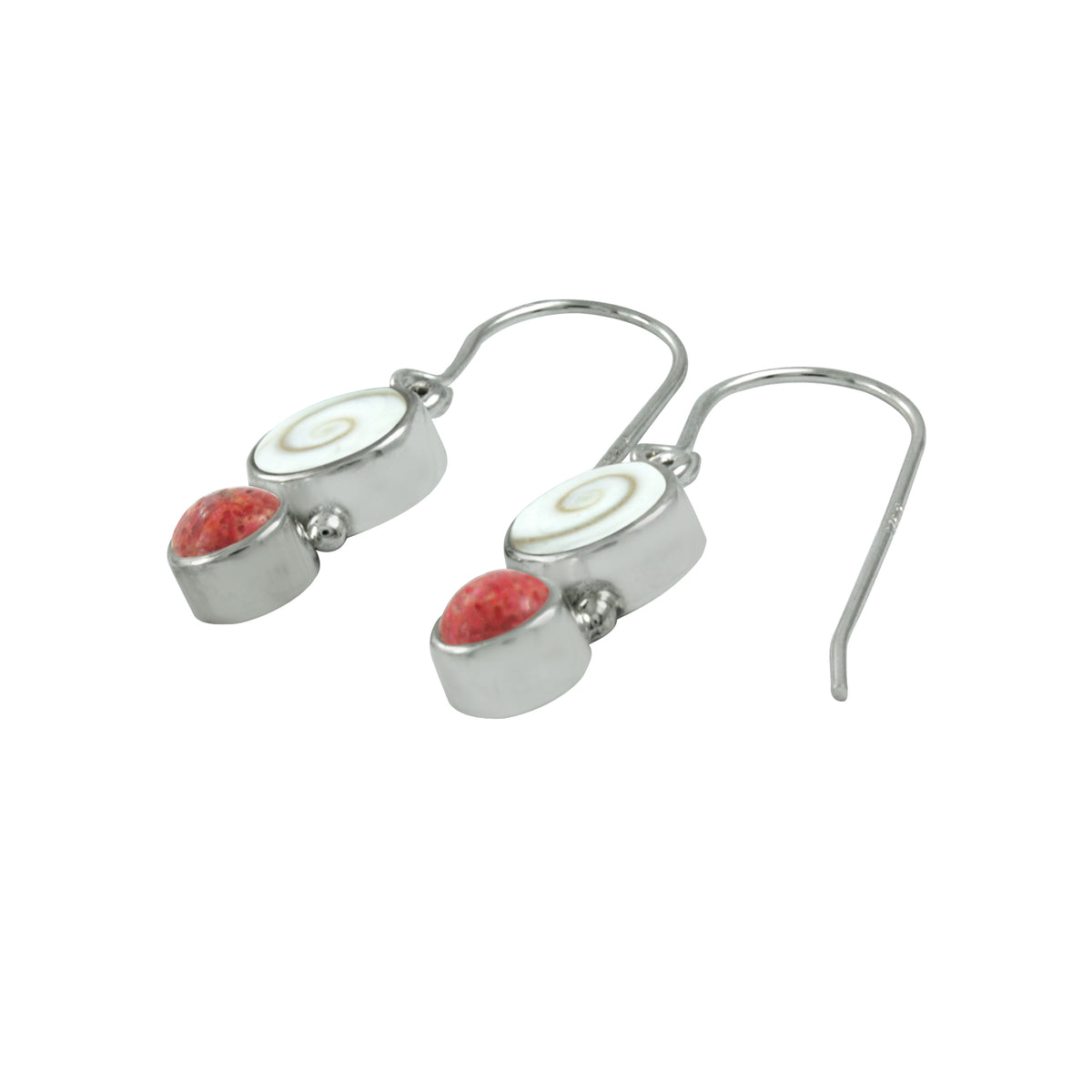 Silver Earring With Shell Spiral &amp; Sponge Coral Round