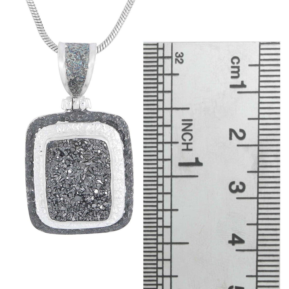Silver Pendant Texture Component With Druzy Black Knight Rectangle