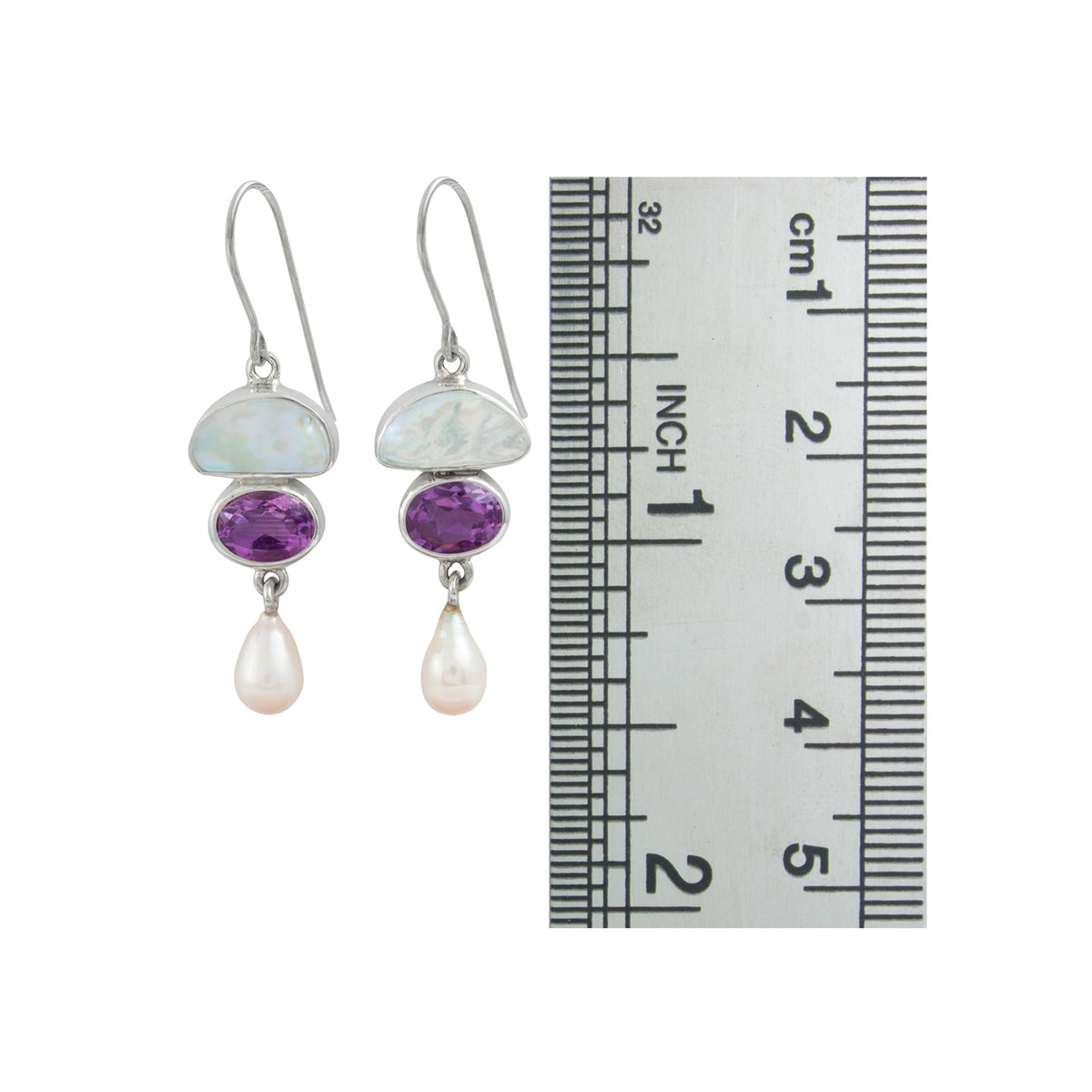 Silver Earring With Pearl White Keishi, Amethyst Oval, Pearl Drop