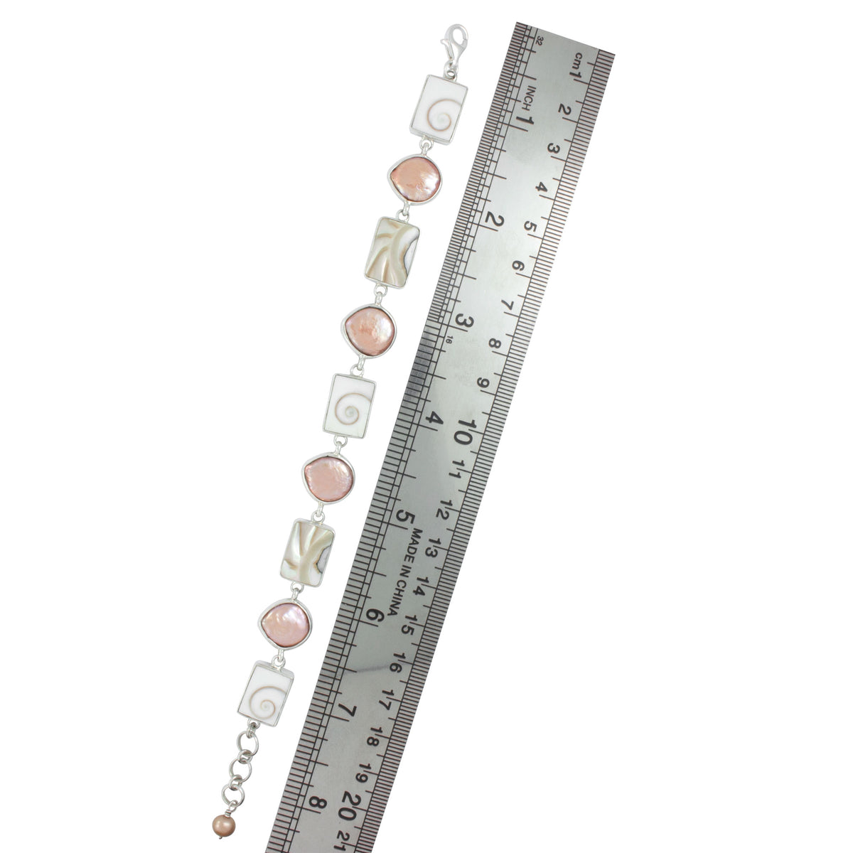 Silver Bracelet With Shell Spiral, Shell Nautilas And Pearl