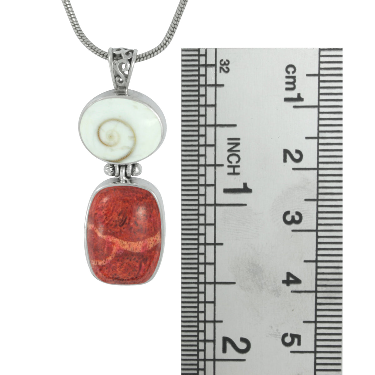 Silver Pendant with  Round Shell piral &amp; Rectangle Coral