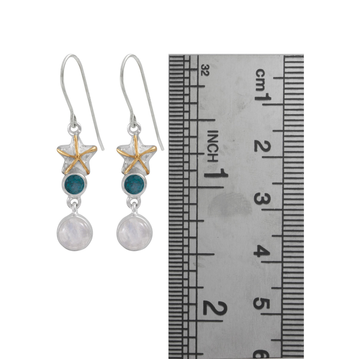 Silver Earring With Star Component, Green Topaz Round Facet And RainBow Moon Round Cab