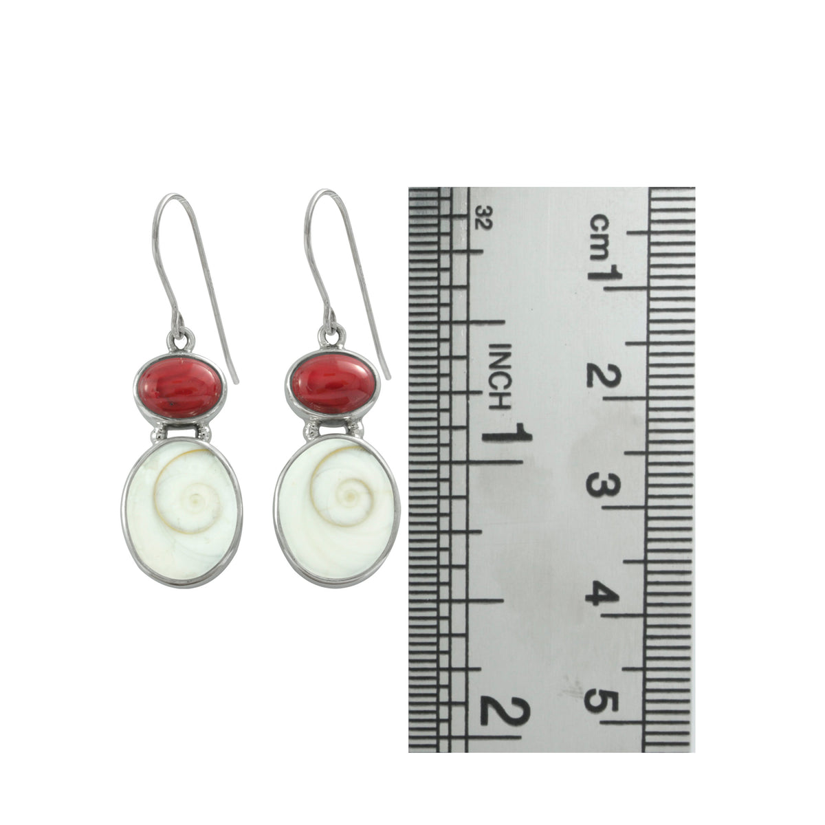 Silver Earring With Sponge Coral Oval &amp; Spirall Shell Drop