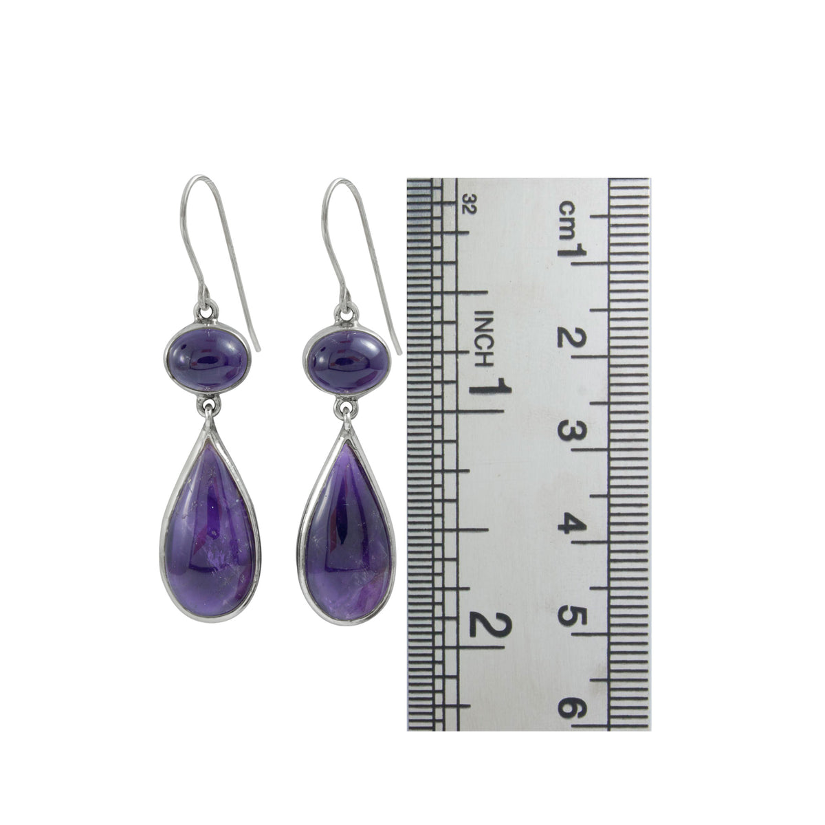 Silver Earring With Amethyst Oval Cab &amp; Amethyst Drop