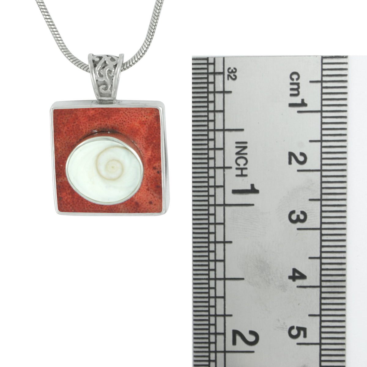 Silver Pendant Coral Square &amp; Shell Spiral Oval Stone