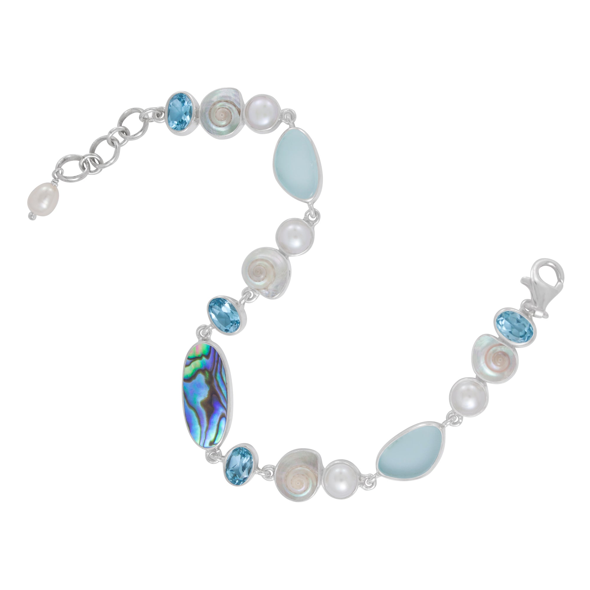 Sterling Silver Bracelet With Shell Malabar Turbos, Paua Oval, Blue Topaz Oval Facet And Pearl