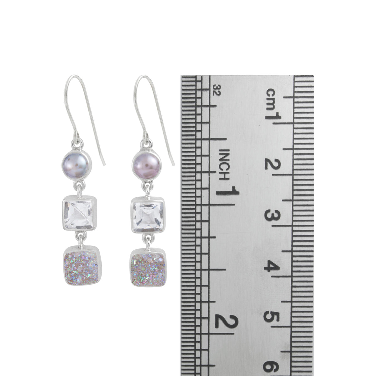 Sterling Silver Earring With Black Pearl Round, White Quartz And Druzy Square