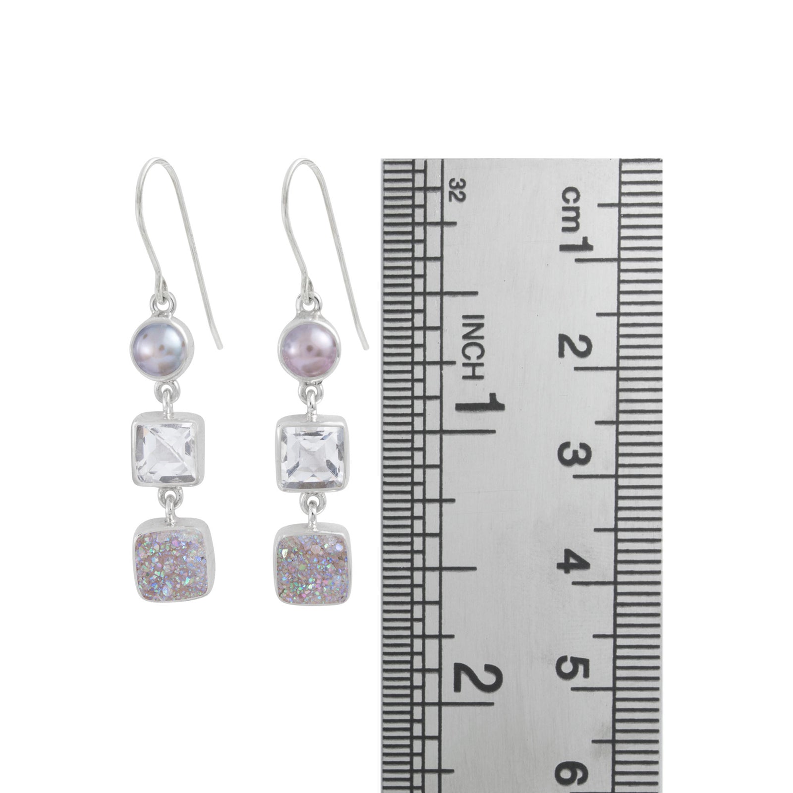 Sterling Silver Earring With Black Pearl Round, White Quartz And Druzy Square