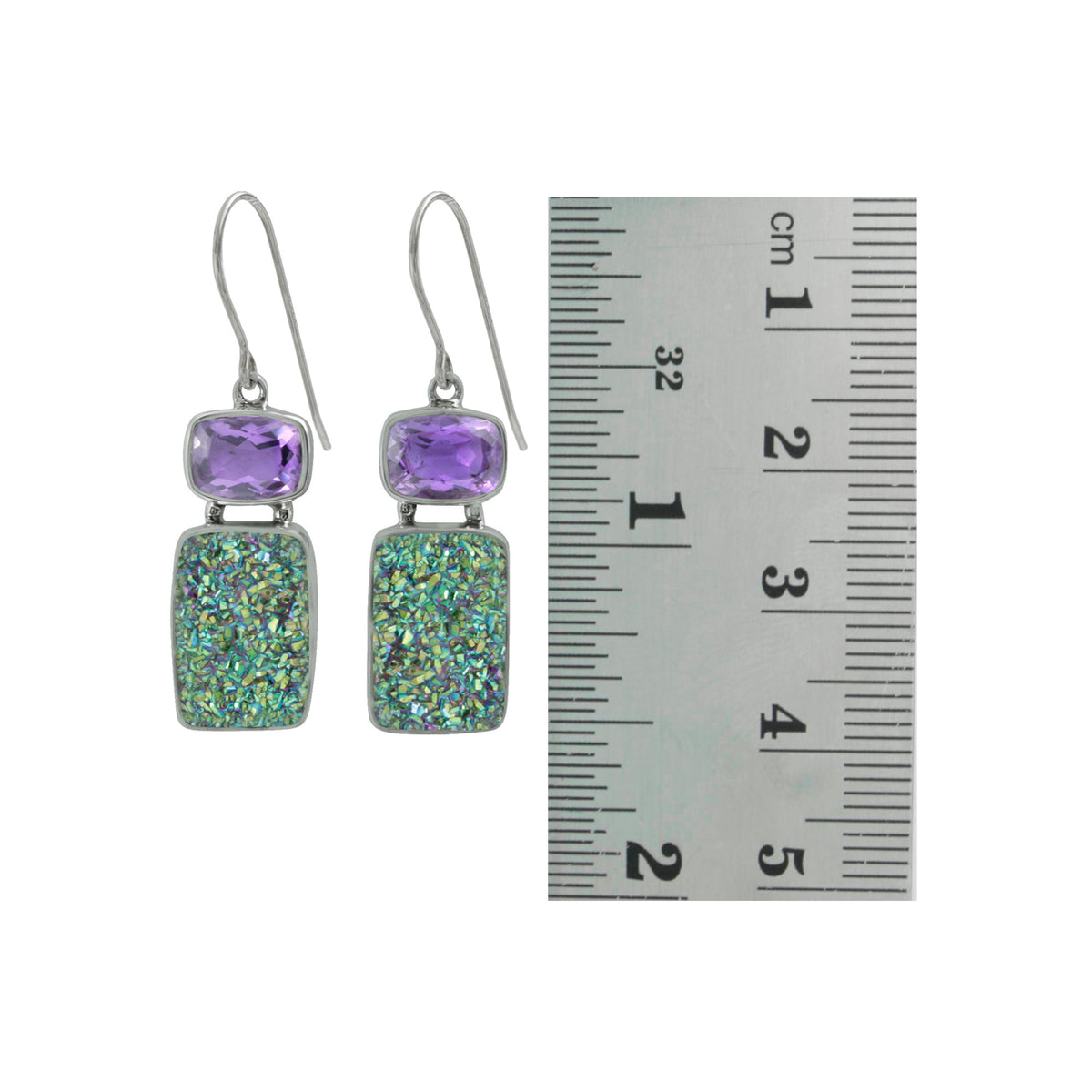 Silver Earring With Amy &amp; Peacok Druzy Rectangle