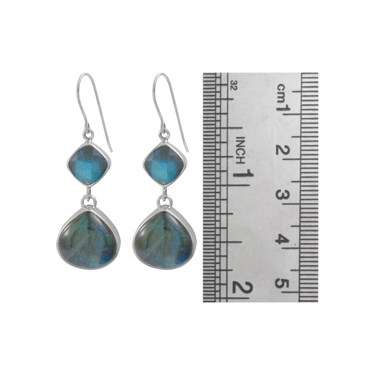 Silver Earring With Labra dorite Square &amp; Heart Drop