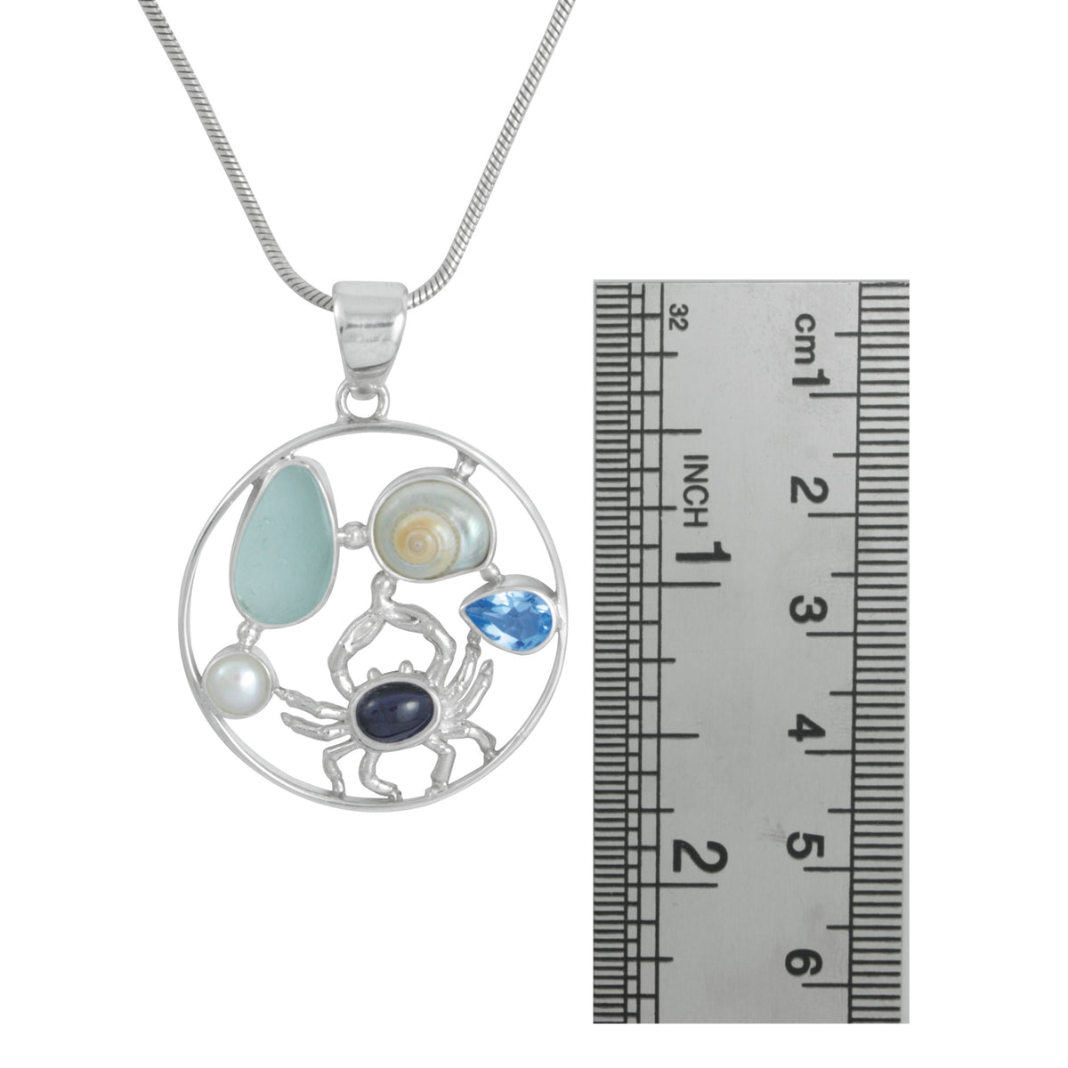 Silver Pendant With Blue Topaz, Iolite, Pearl And Sea Glass Aqua