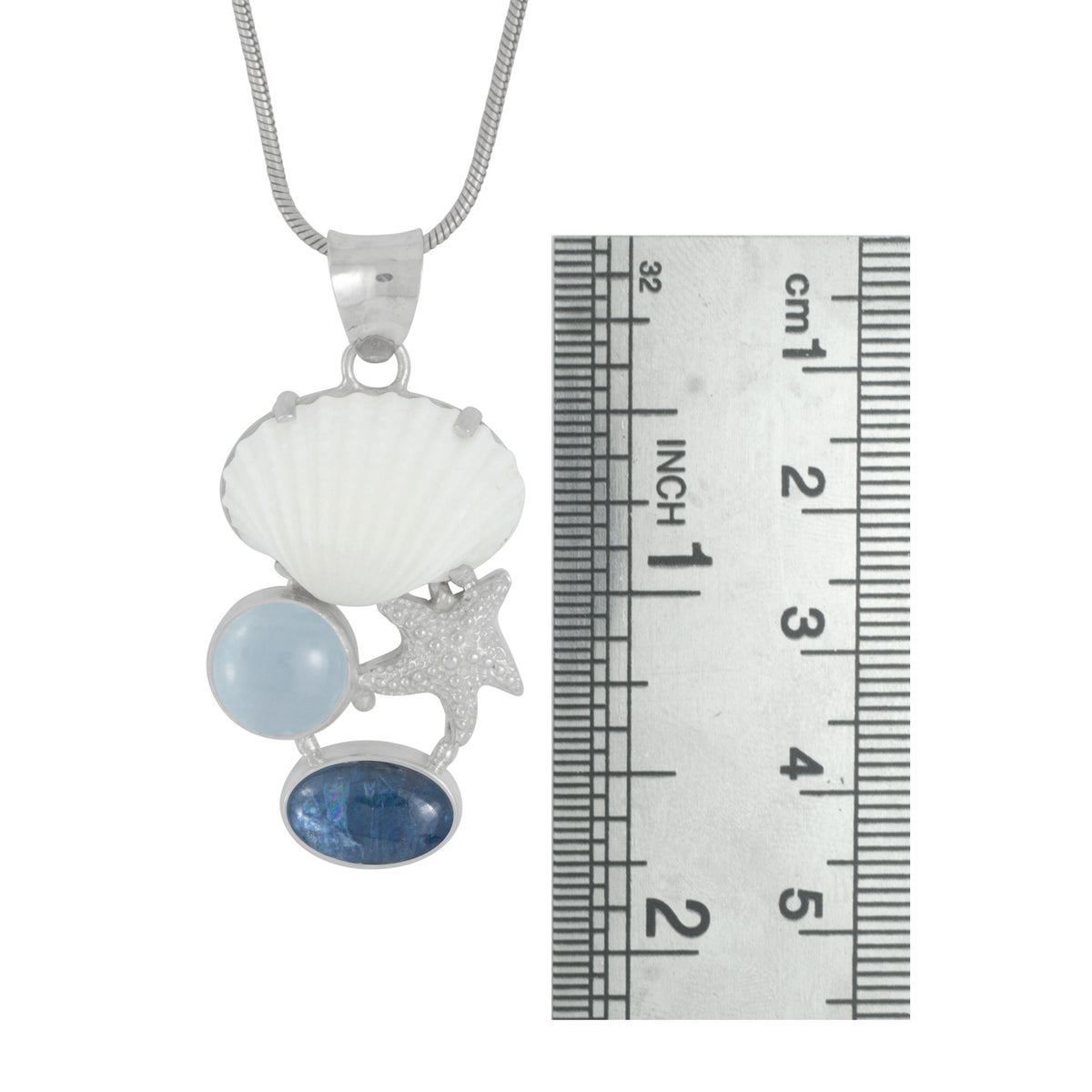 Sterling Silver Pendant With Shell White Ark, Selenite Round And Kynite Pear Cab