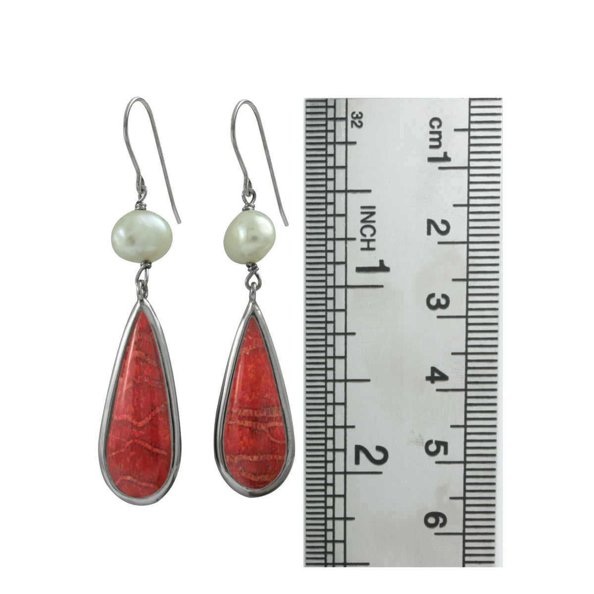 Silver Earring With Pearl &amp; Sponge Coral Tear Drop