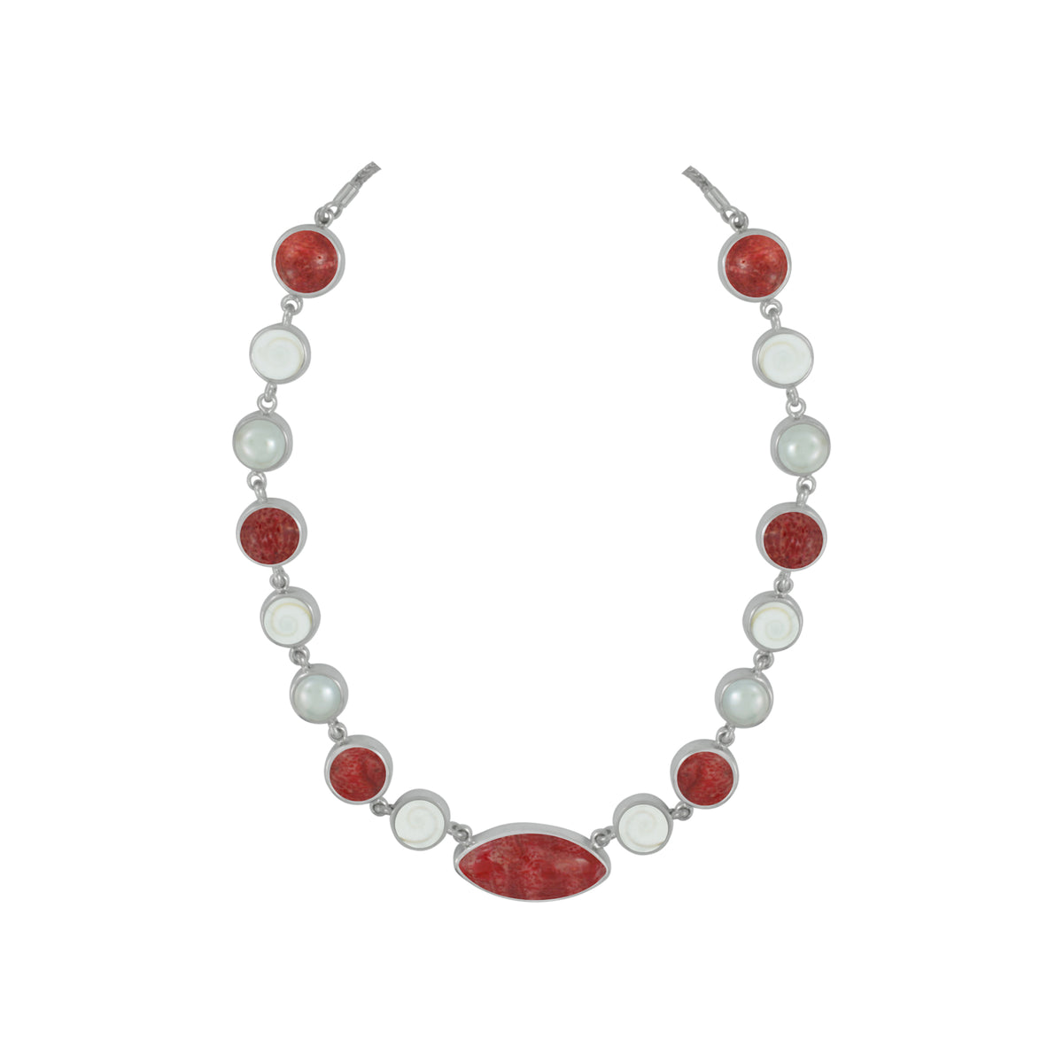 Sterling Silver Necklace With Sponge Coral, Pearl And Shell Spiral