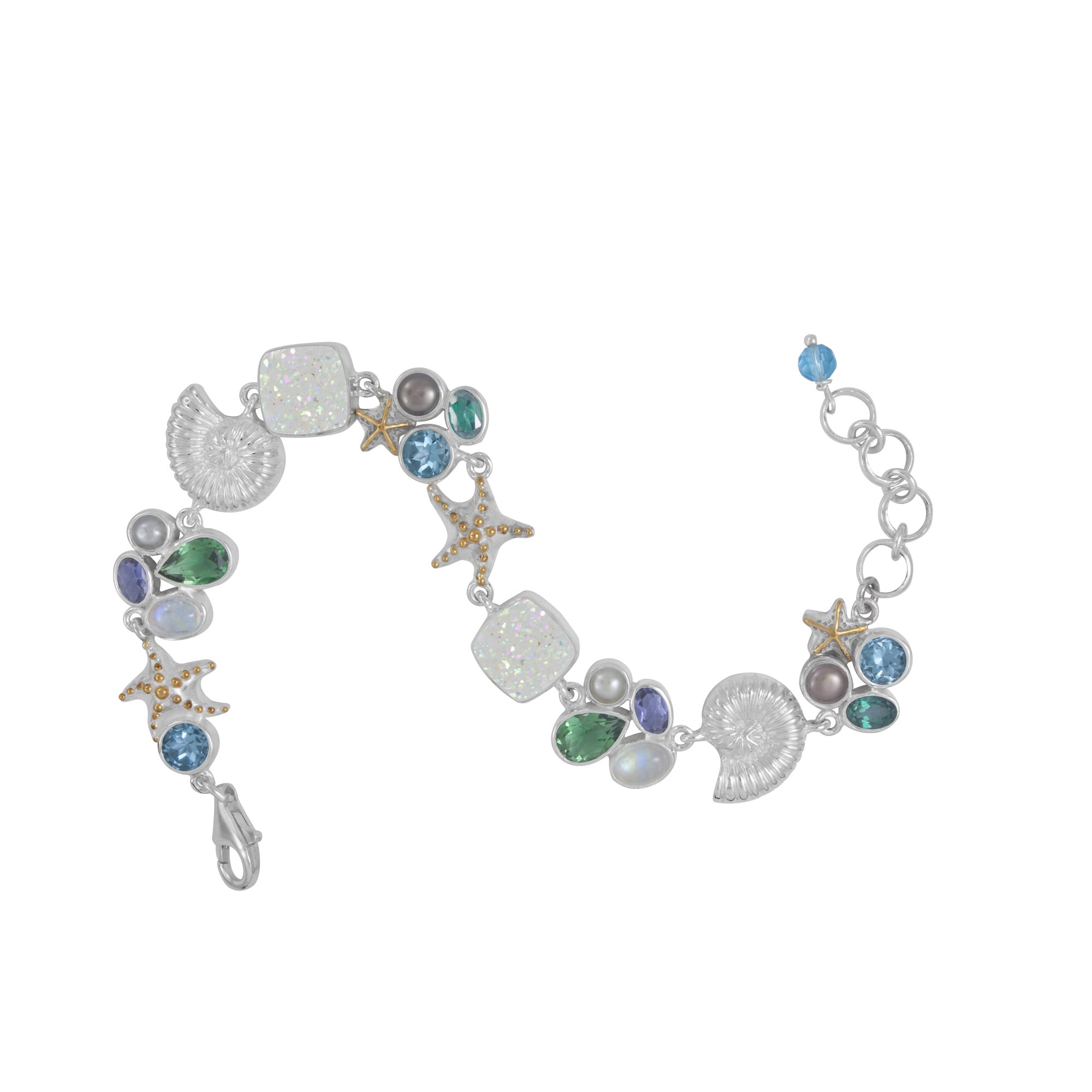 Silver Bracelet With Sea Shell Component And Multi Stone